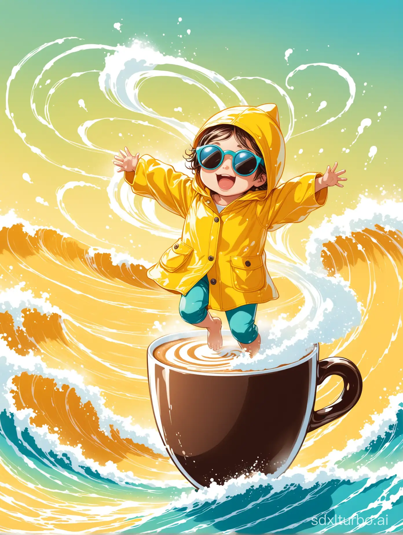 A small child, wearing a bright yellow raincoat and oversized sunglasses, gleefully surfs on a giant espresso cup. The cup is filled with swirling, frothy coffee, and trails of steam create whimsical shapes in the air. The child's laughter echoes as they ride the wave, leaving a trail of coffee foam in their wake.