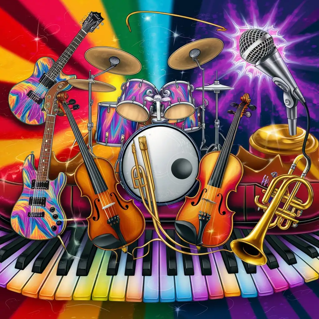 COLORFUL cool background, featuring pictures of a guitar, drums, microphone, violin, trumpet and piano. 
