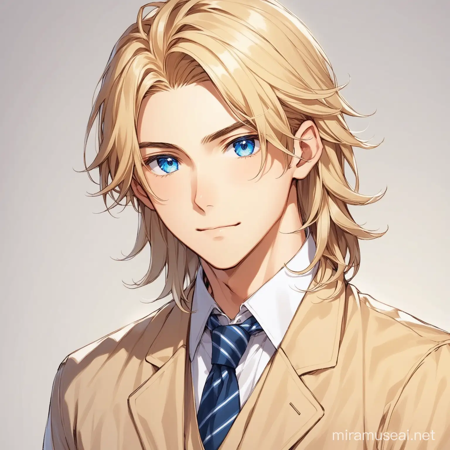 A handsome guy. He is 18 years old. He has wavy blonde hair. He has blue eyes. He wears a school uniform