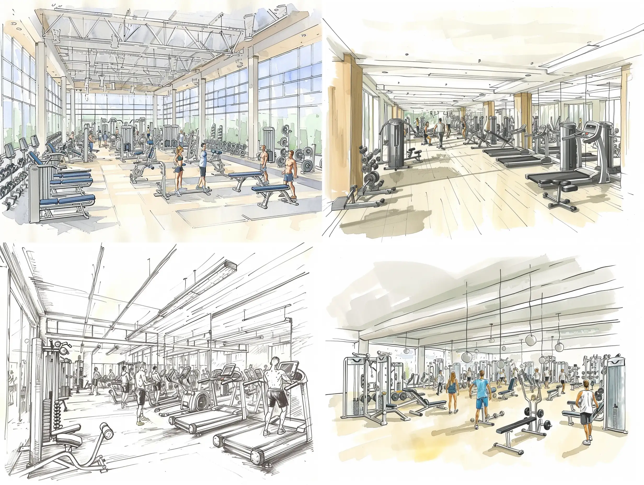 draw an expensive elite fitness room where many people work out