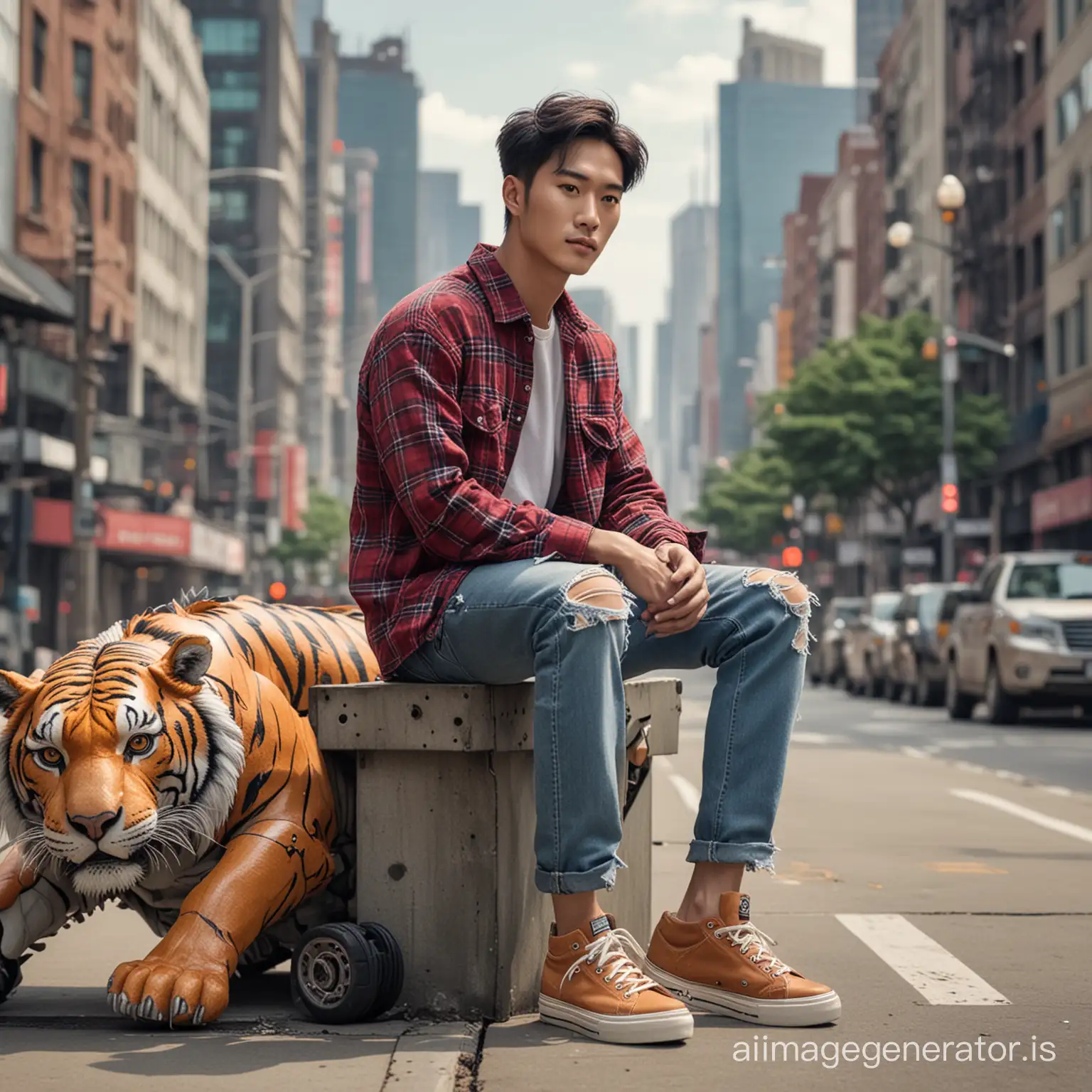 A handsome Korean Asian man, wearing a flannel shirt paired with ripped jeans and canvas shoes, sits on the back of a tiger robot, detailed, against the backdrop of a big city.