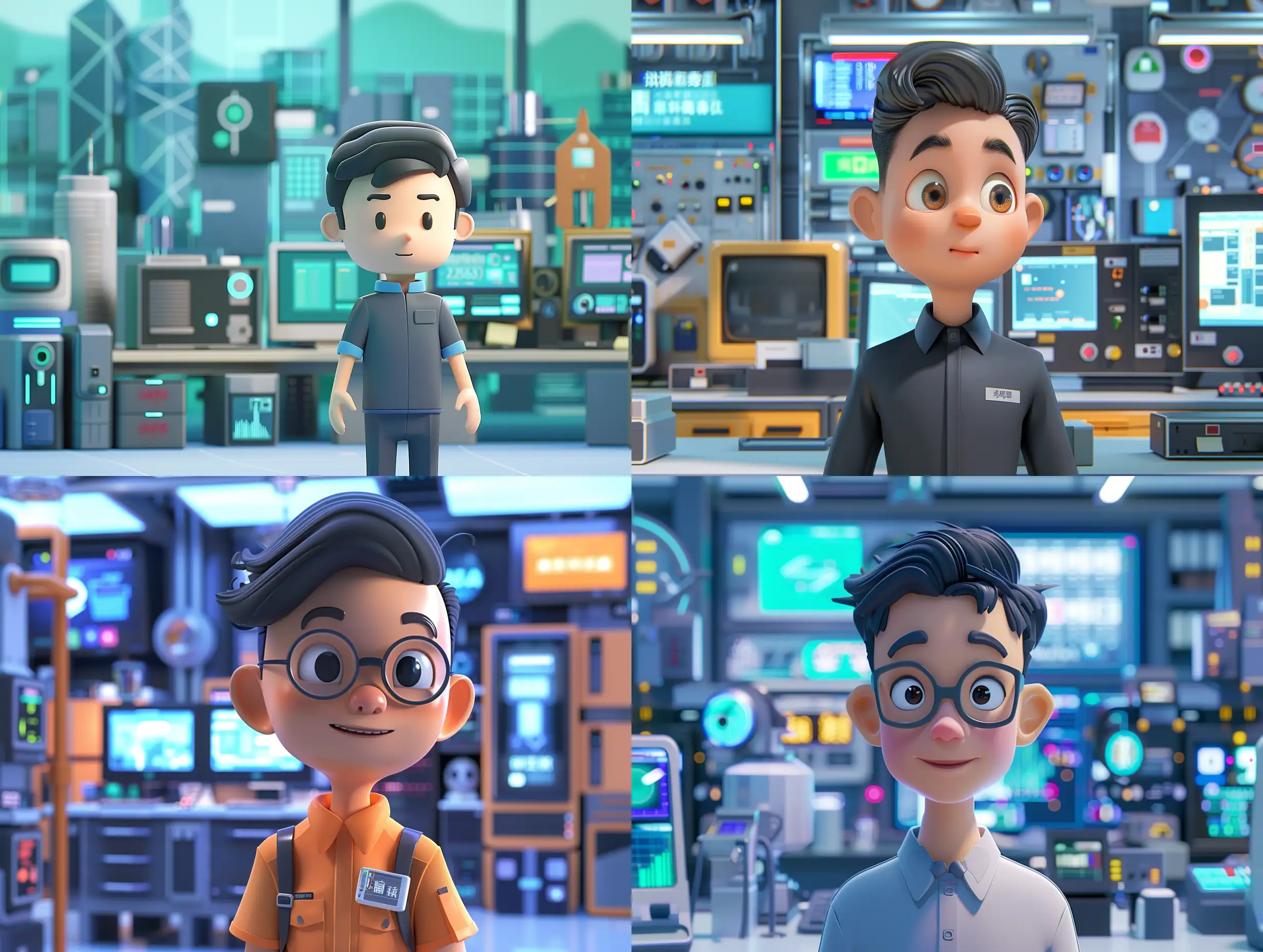 Create a 3D animated character of an IT expert in a technology-driven office environment in Hong Kong, with detailed cartoon-like features and human-like proportions. The character should have a smart and approachable expression, surrounded by modern tech equipment and digital screens. The overall color scheme should feature shades close to #2563eb, providing a cohesive and vibrant backdrop that complements the bustling tech scene.