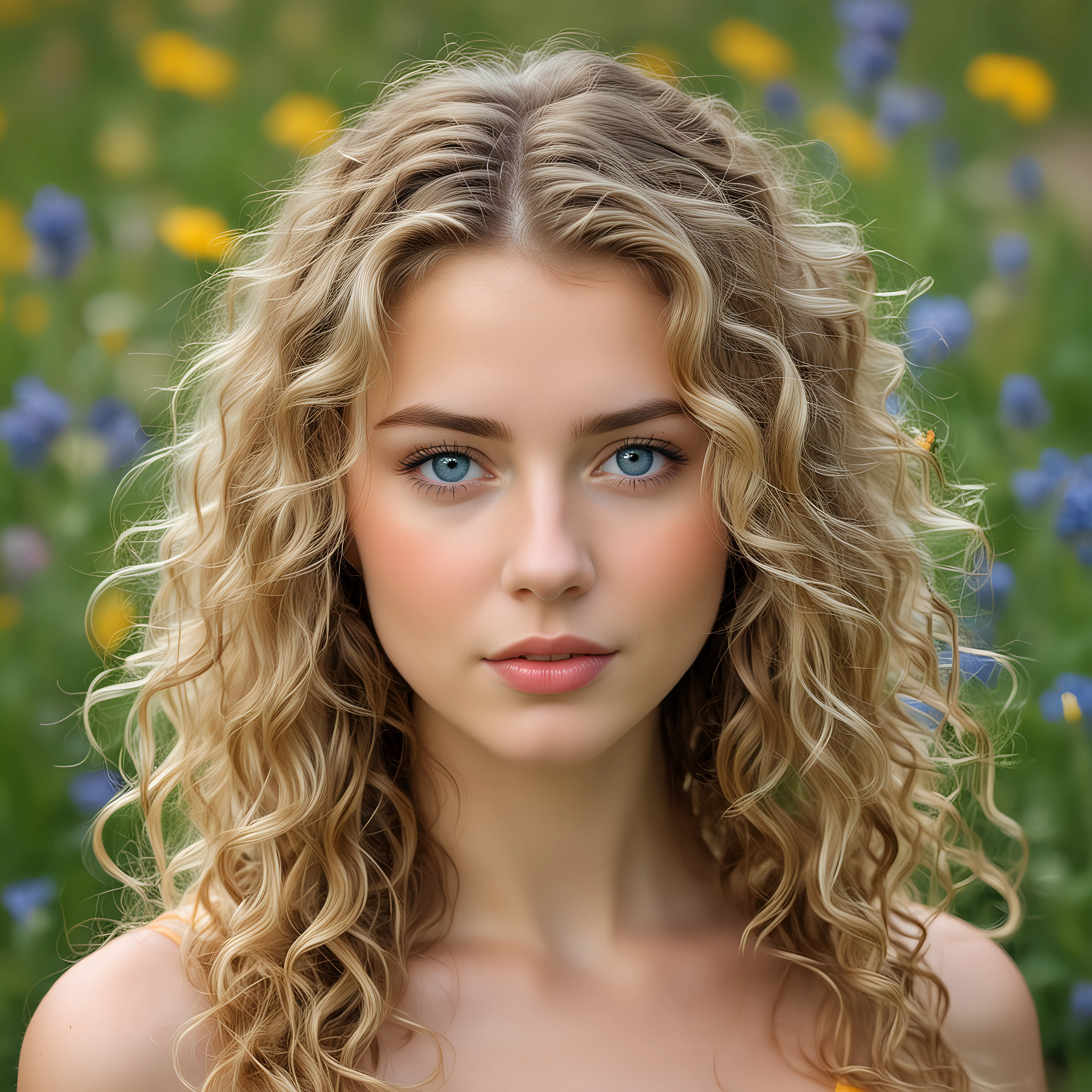 Young Woman with Long Curly Blond Hair Amid Spring Wildflowers Renoir Inspired Portrait
