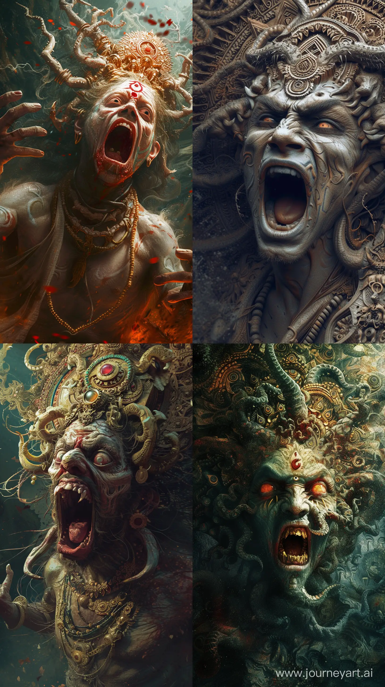 Realistic digital paintings depicting demons from Hindu mythology living in the underworld, terrified look on their faces, intricate details, UHD --ar 9:16 --v 6