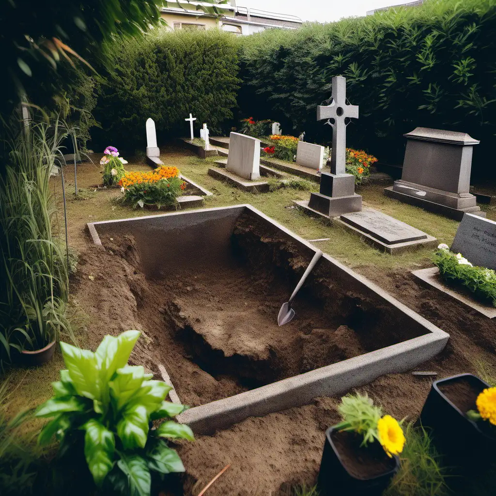 dziura w ziemi na cmentarzu, wykopana pod grób, w ziemię wbity szpadel. Wokół są rośliny doniczkowe