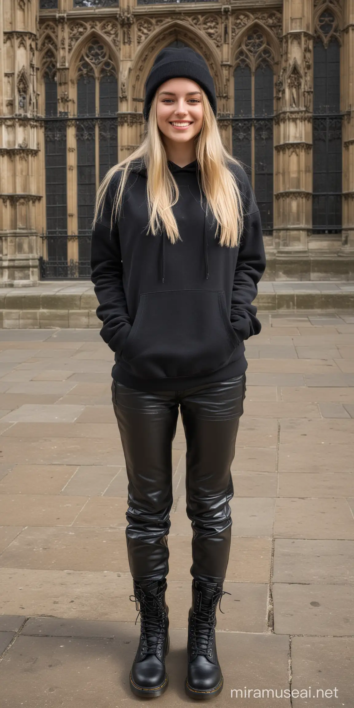Mujer inglesa de 22 años, sonriente, cabello largo liso rubio,con beanie hip hop negro,hoodie con capucha y pantalón negro cuerina y botas dr Martens,en Westminster Abbey.