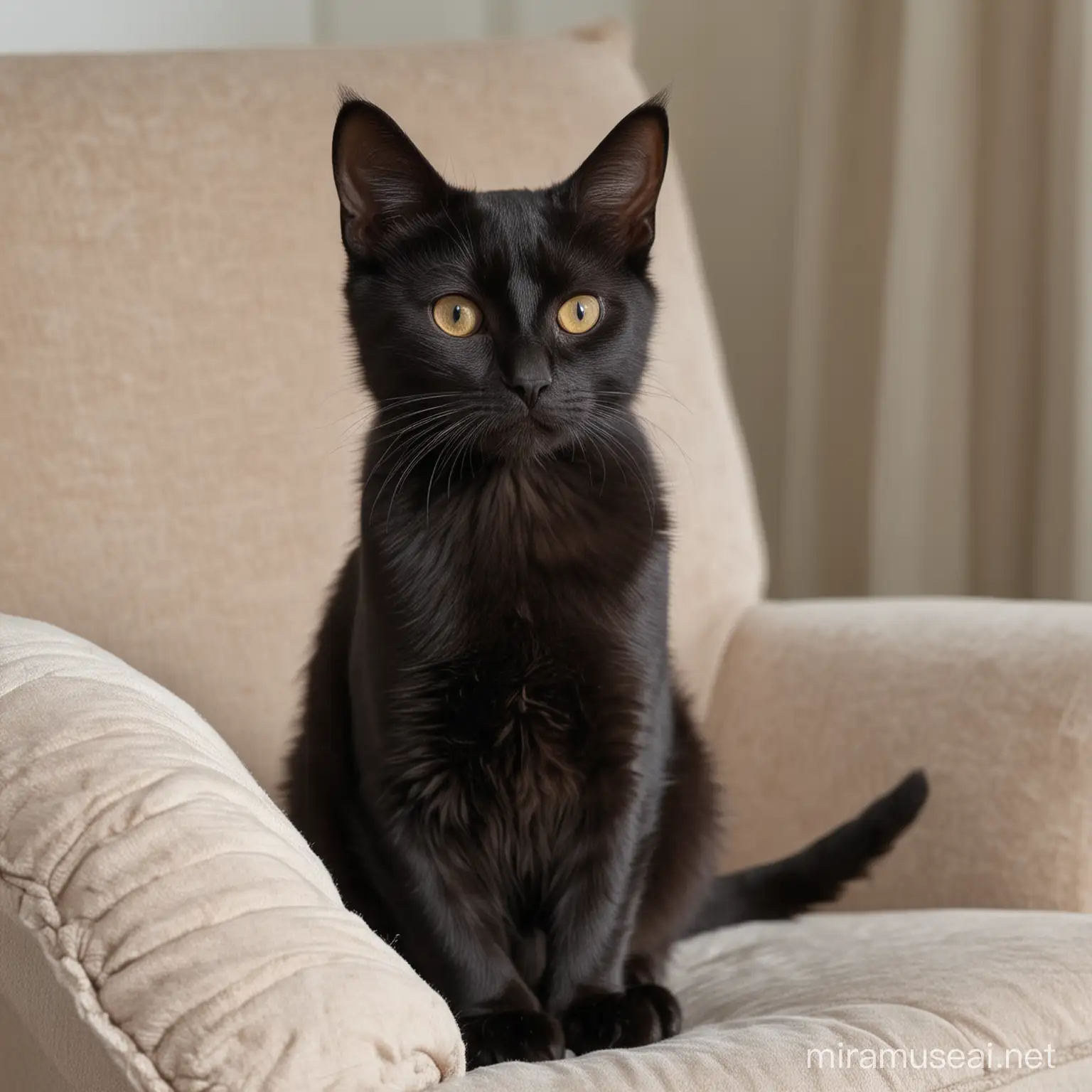 5 aylık siyah kısa tüylü dişi kedi. Koltuk uetunde karşıya bakıyor.