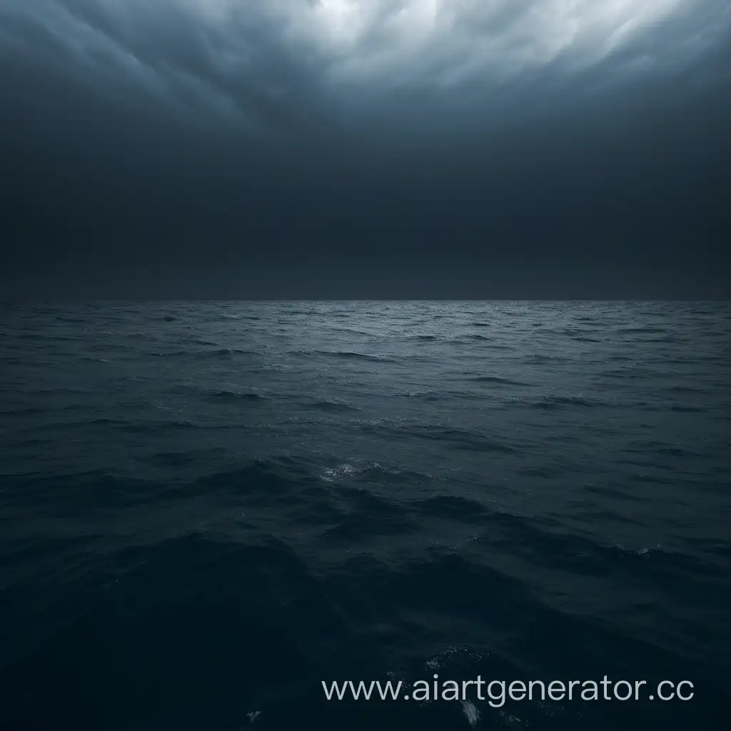 огромный океан, треть фото занимает небо, две трети занимает подводный вид темного океана, только вода, дна 
не видно, на поверхности шторм, поверхность воды не видно


