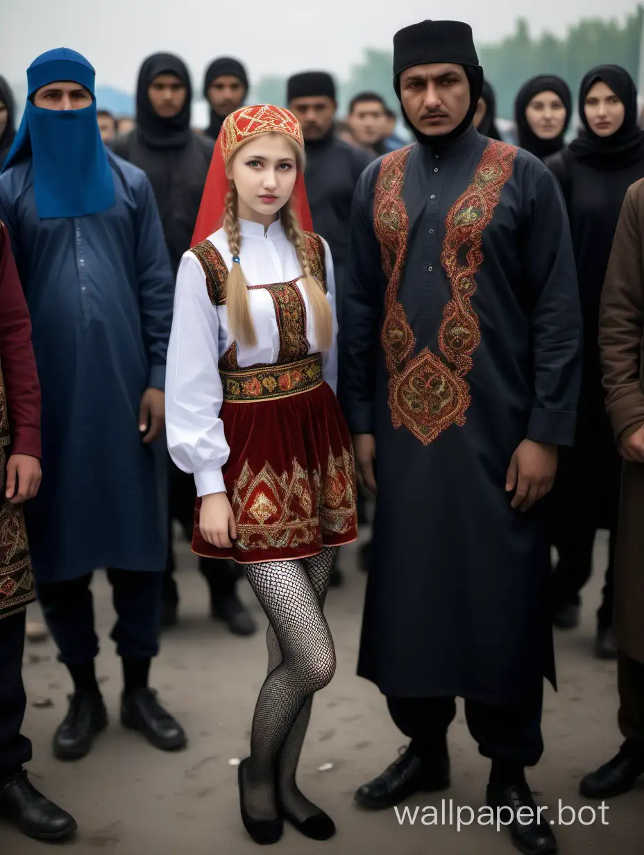 A Russian girl, in a traditional national Russian costume, in black fishnet stockings, stands next to Muslim male migrants from Central Asia and the Caucasus