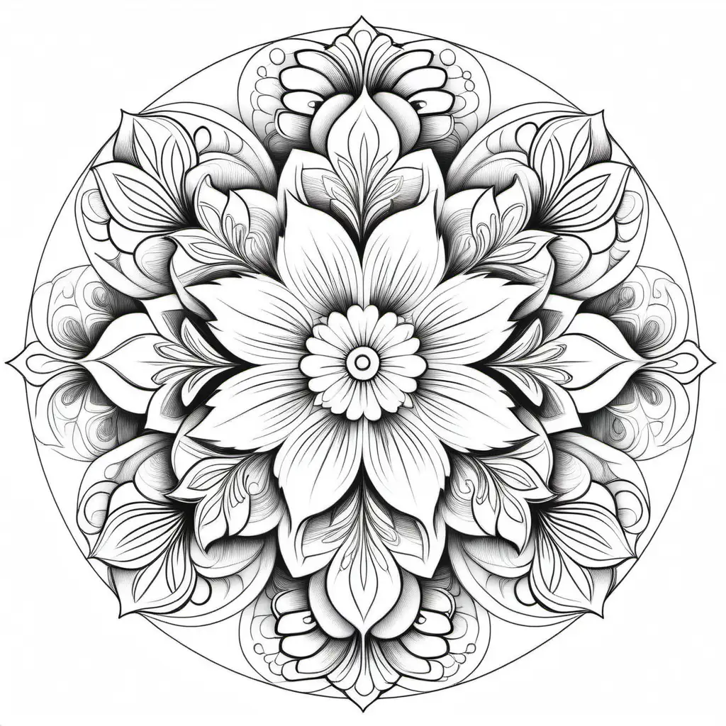 Floral Mandala Coloring Design Intricate Symmetry and Diverse Flowers