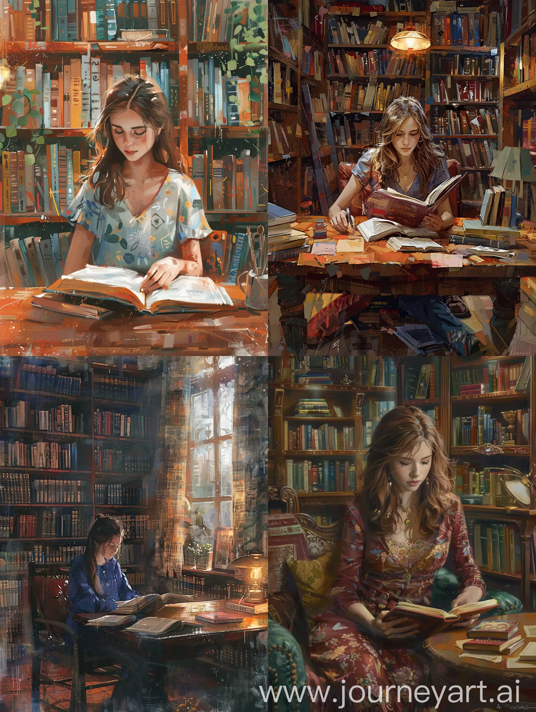 девушка читает, книги на полках, уютный кабинет, стол, арт, библиотека, красивый интерьер,
реализм, эстетика, красивое изображение, иллюстрация,