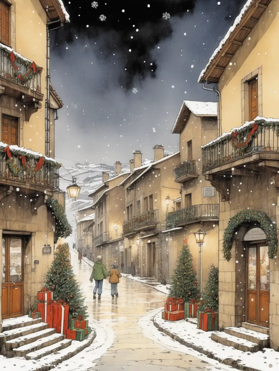 Snowy Cantabrian Village with Festive Christmas Decorations in Milo Manara Style