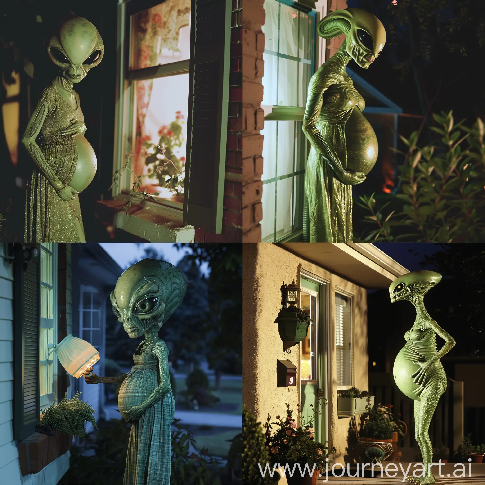 A female green alien, 7 feet tall, Very Pregnant, The alien's pregnant belly is very large. The alien is standing around outside someone's house, peeking into the person's window. At night.