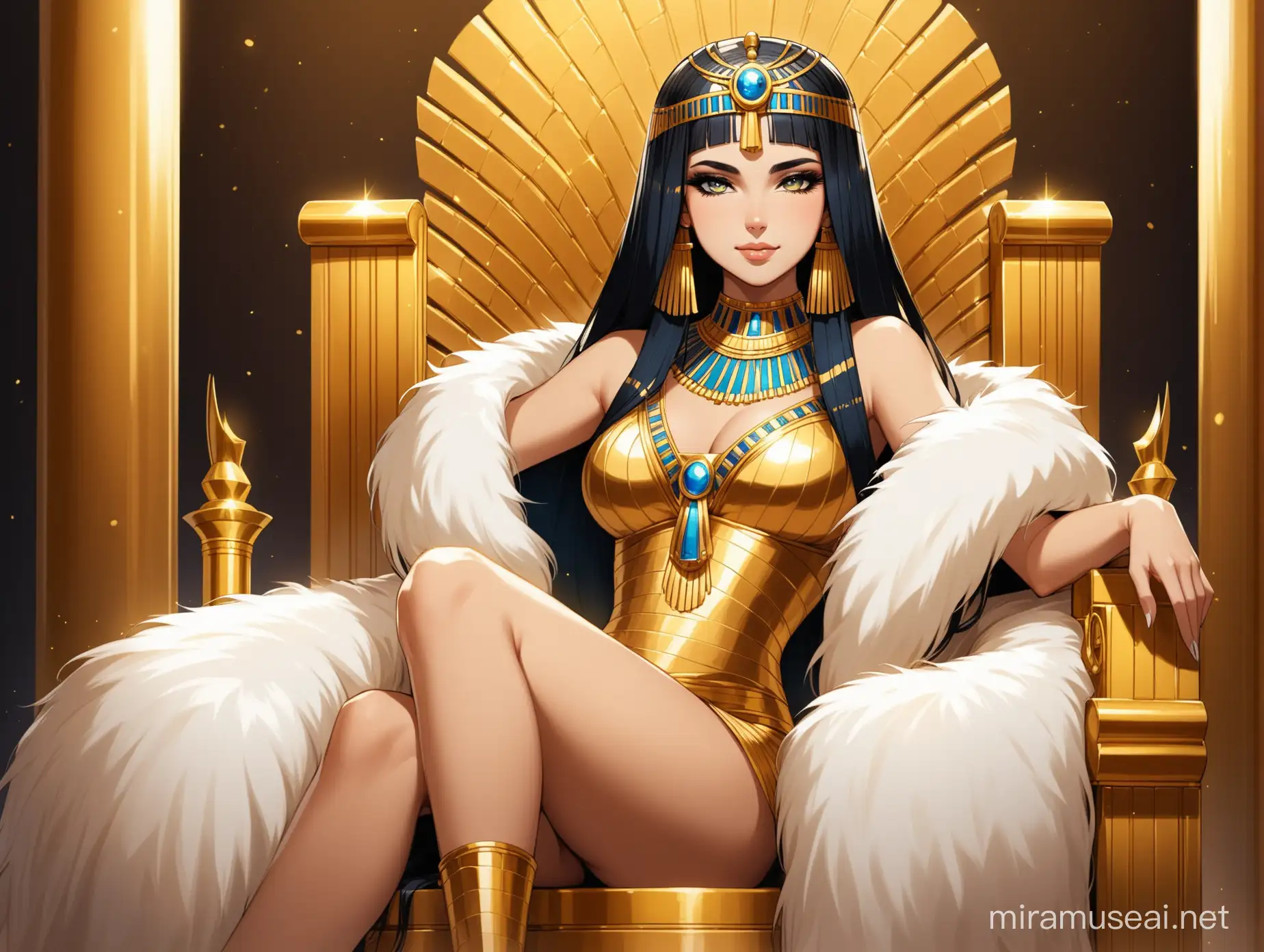 Regal Queen Cleopatra on Golden Throne with Sly Grin