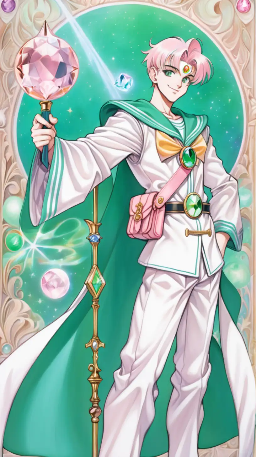 in the style of vintage anime Sailor Moon, late-20s young man with pale skin, stands there smiling at the viewer. on his head is a white witch hat that has blush pink and seafoam green accoutrements. he has pale skin, green eyes, short blush-pink hair with an undercut and middle part (the same as the last image I asked for today). he has an easy going air about him.  he is a wizard from a medieval fantasy setting. he wears white enchanter's robes, with a short seafoam green capelet. he holds in his right hand an ornate enchanter's staff that has a radiant rainbow gem at the top. he wears seafoam green trousers, and white boots with gold lacing. this is a fullbody image.