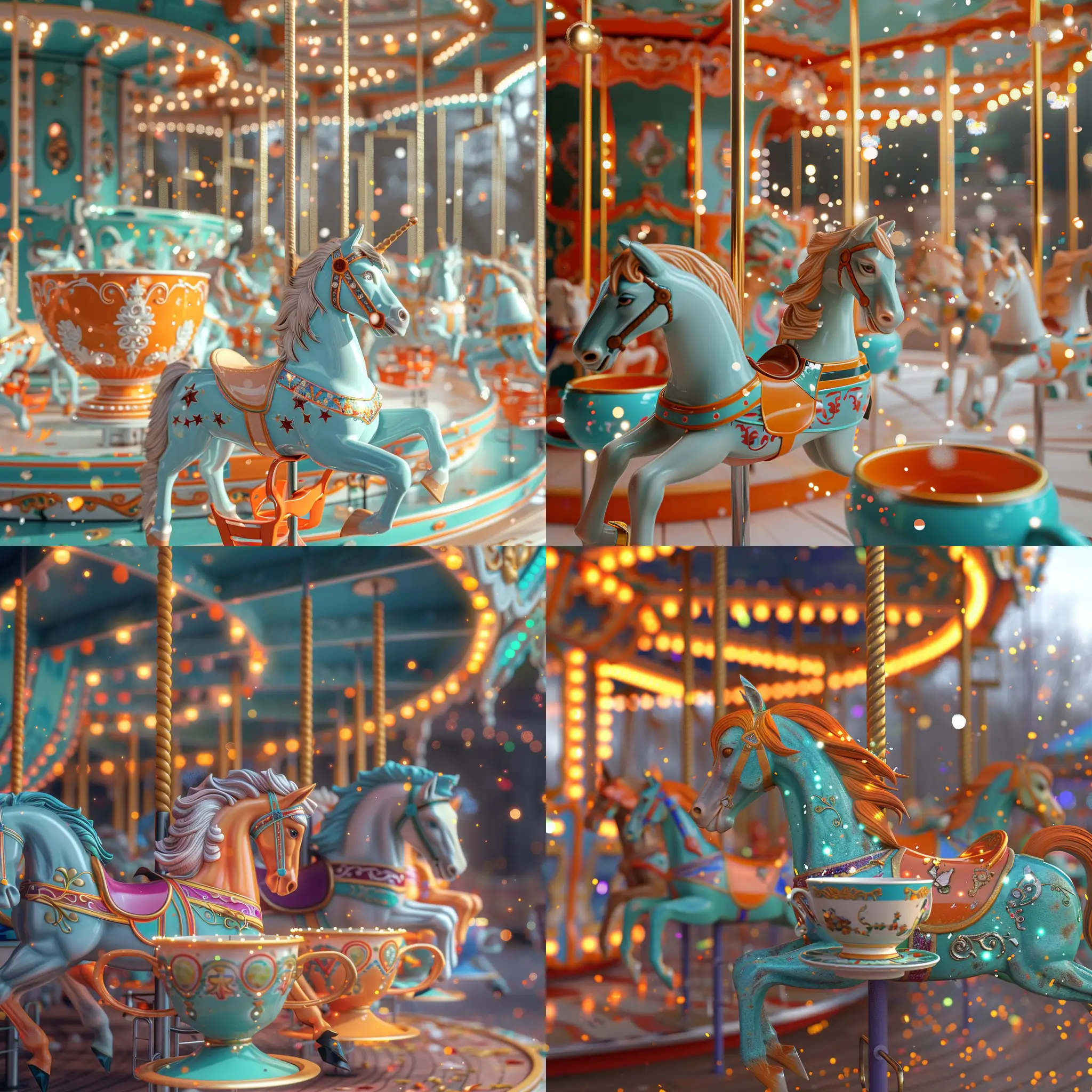 Amusement park, carousel horses painted in whimsical hues, spinning teacups lit with twinkling fairy lights,  light cyan and orange, particles,  in the style of detailed hyperrealism,, octane render, sharp focus
