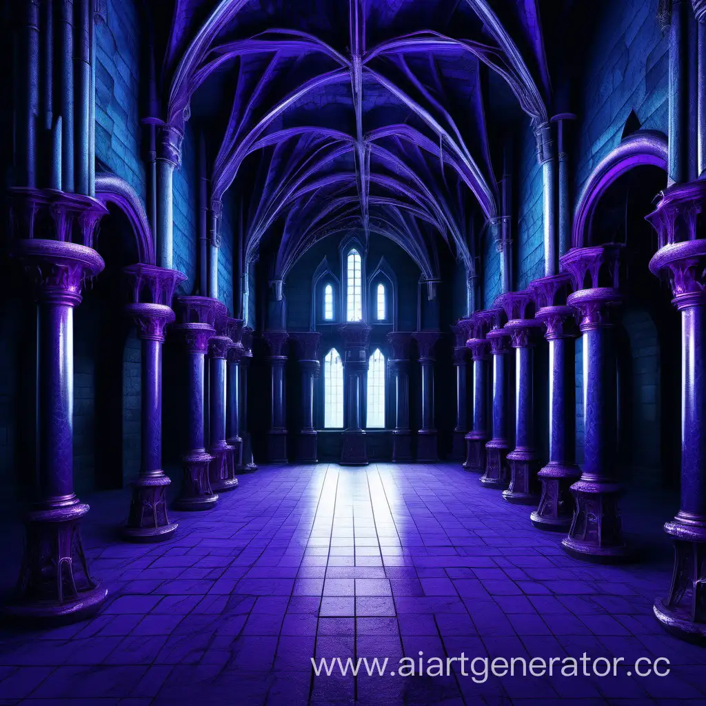 dark fantasy castle hall in blue and purple colors