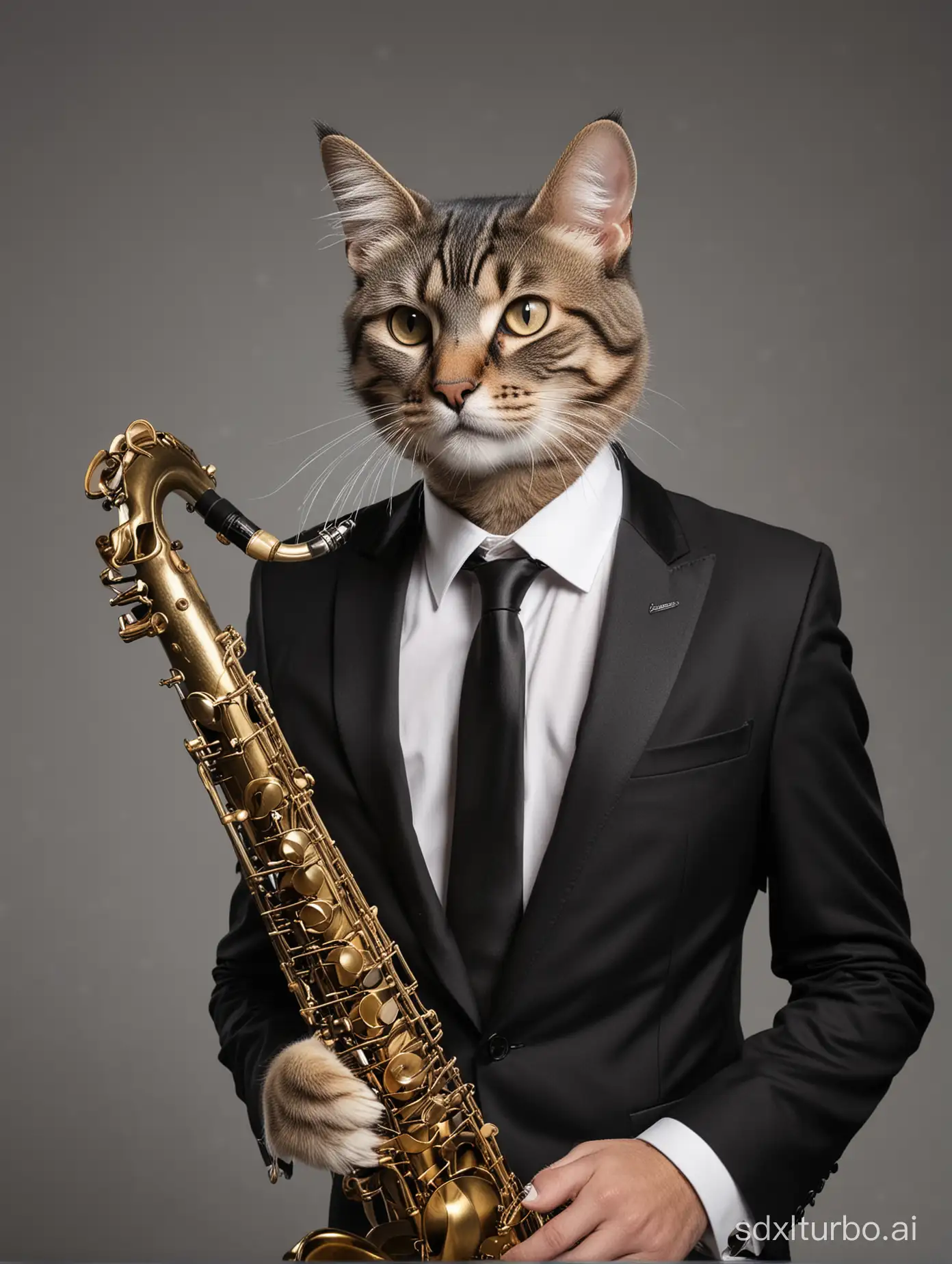 On a blank background is a full image of cat felinè wearing a black suit and tie while playing a shiny Jazz tenor saxophone. High resolution clean accurate photo image  rendering.