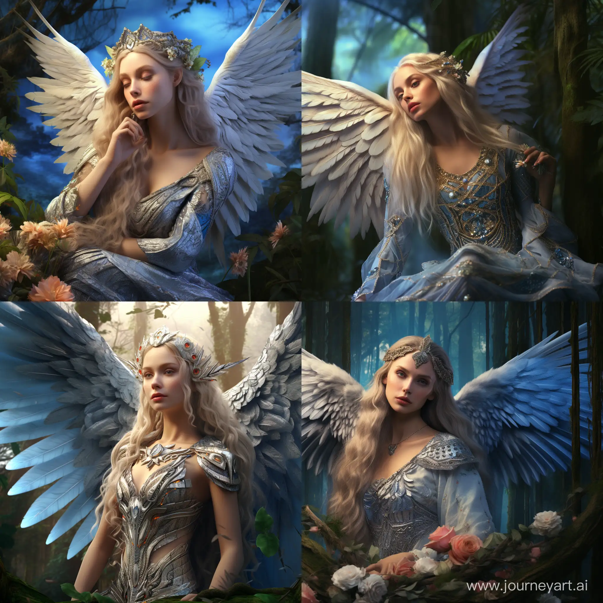 Archangel of life, mother nature - a woman with long silver hair and blue shining eyes, with large white wings with glowing bright blue markings,

Kisses a rosebud (the bud is filled with blue energy)
against the backdrop of a mystical evergreen forest, animals and elves are visible in the distance

Fantasy style, high detail, 8k