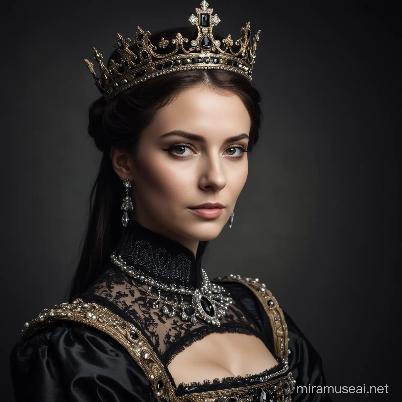 Regal Courtier Portrait in Black with Crown