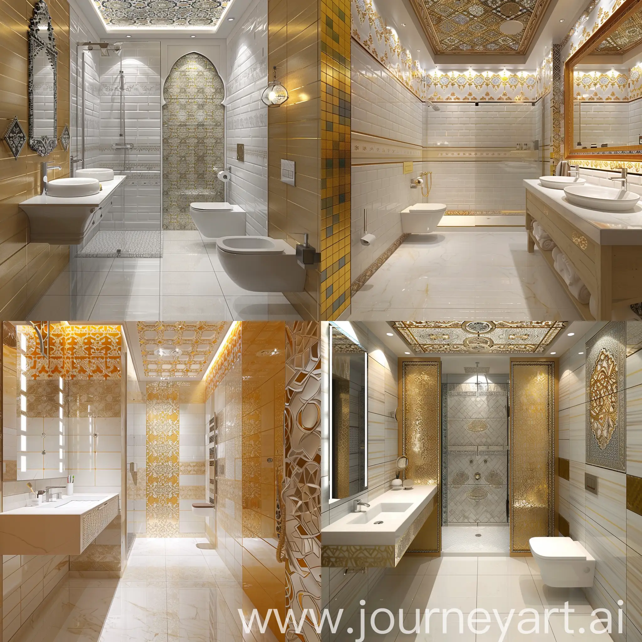Сделай рендер дизайна для ванной комнаты площадью 3.41 квадратных метра в стиле Марокко, где на полу белый глянцевый камень, на стенах золотая и белая плитка с восточными элементами интерьера, с восточными узорами на потолке, есть раковина, душевая кабина и подвесной унитаз