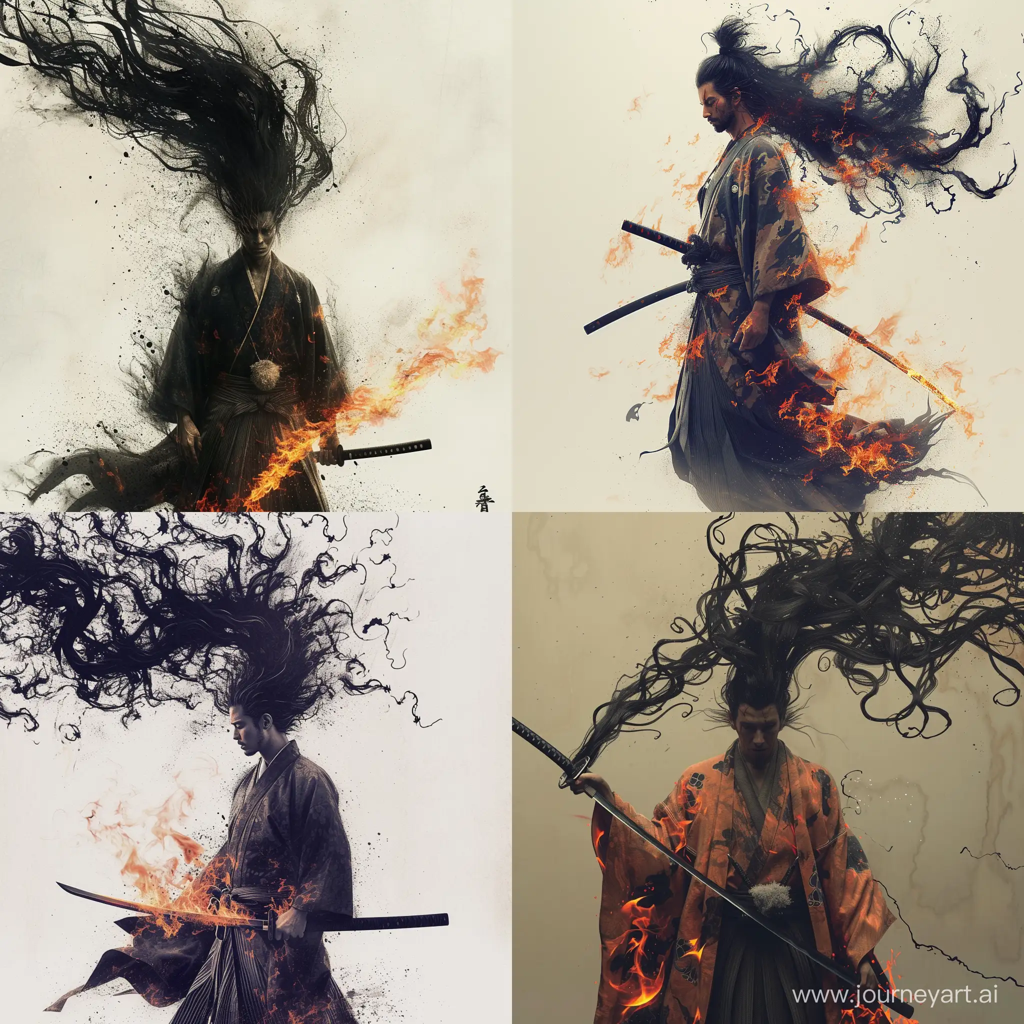 a man with a katana, long hair made of black flames, a kimono made of black flames, fire escaping from the sword
