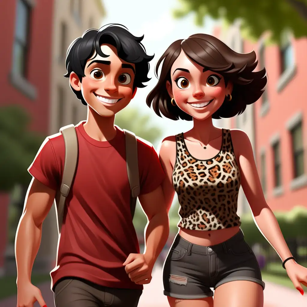 Enchanting storybook characters smiling romantic.  Hispanic boy with short black hair wearing red t-shirt.  Brunette Girl with short brown bob wearing leopard print tank top. Chasing each other on college campus 