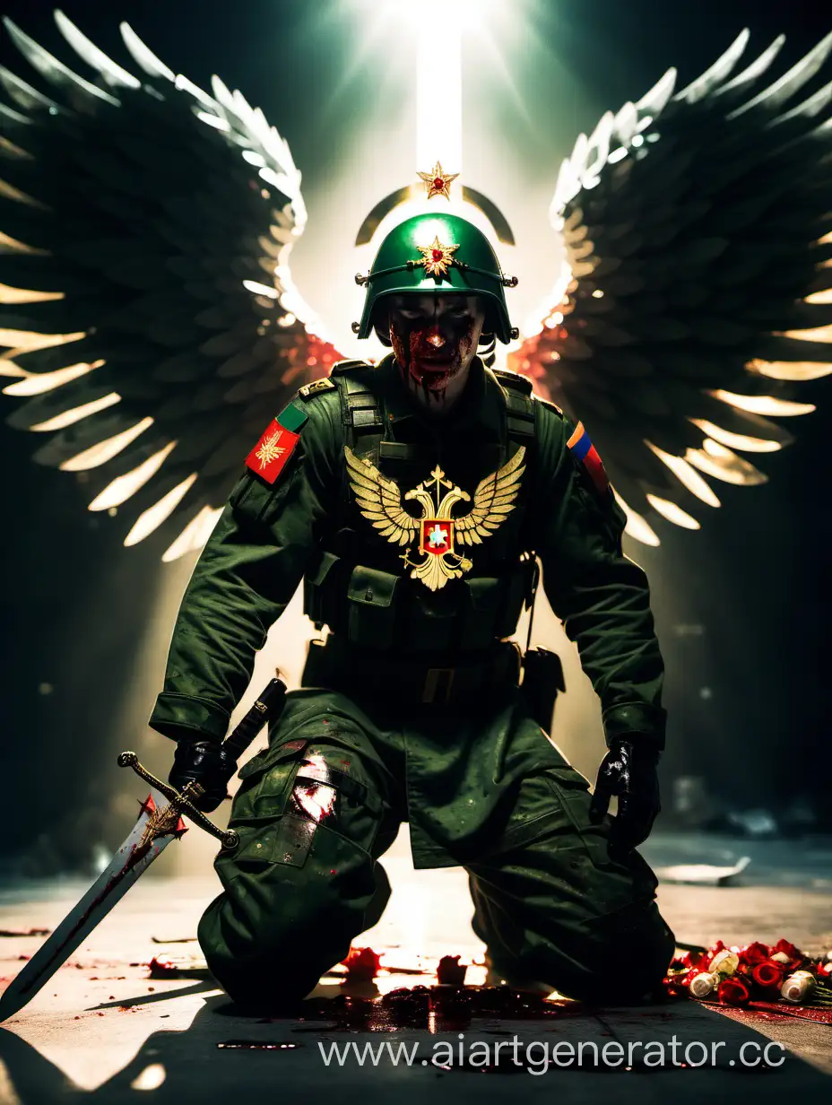 Russian-Soldier-in-Dark-Green-Pixelated-Uniform-Kneeling-in-Despair-with-Angelic-Wings-and-Sword-in-Sunlight