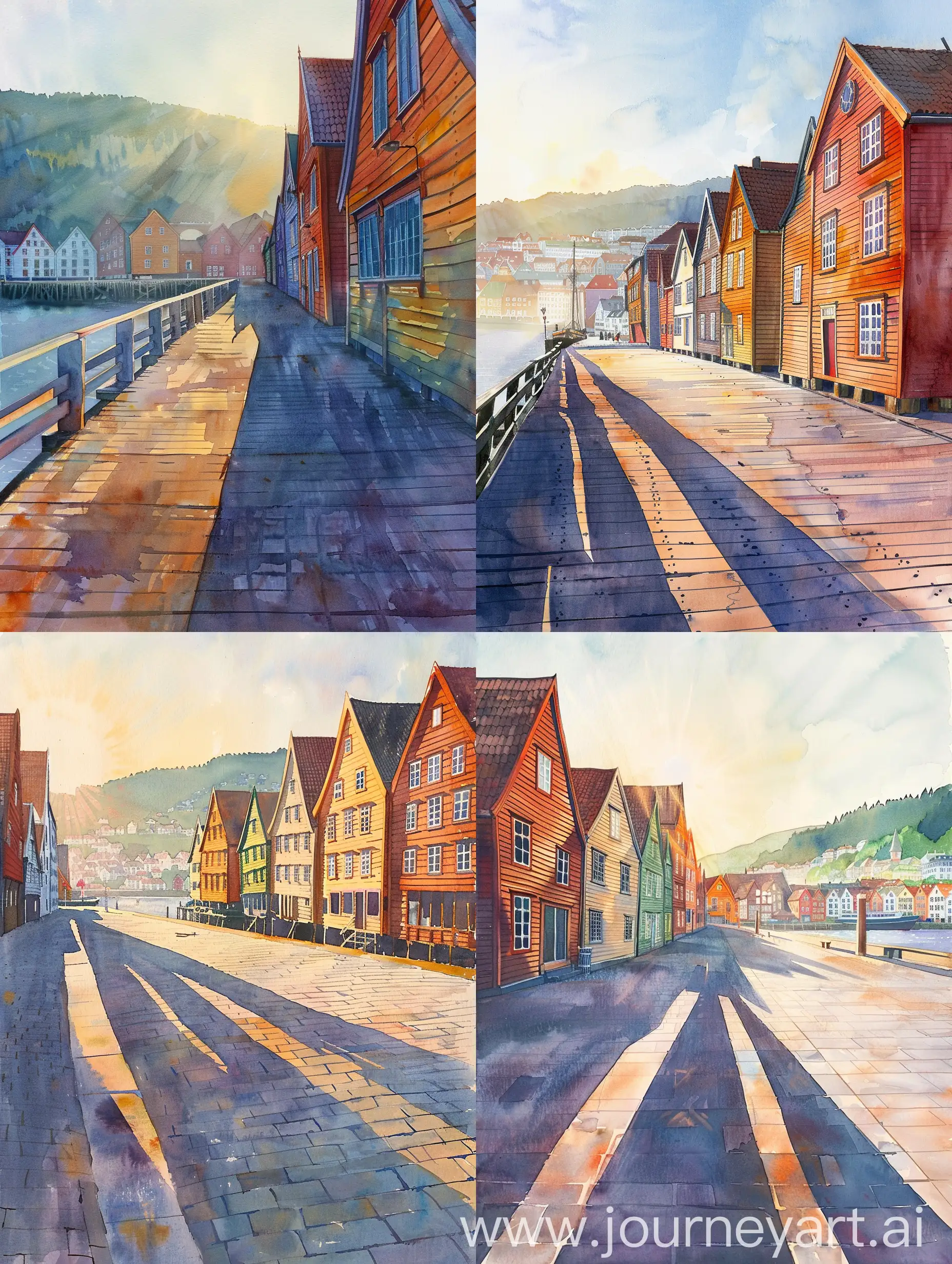 Watercolor, Bryggen Hanseatic Wharf, Bergen Norway, sunrise, low morning sun, vivid colors, breathtaking view, strong contrasts, long shadows from the rising sun, summer, beautiful weather, light morning fog, masterful watercolor by masters, details,  contours, a certain line,