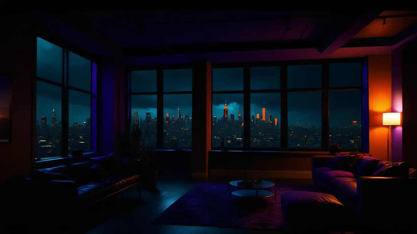 Generate a dark and moody scene inside an apartment loft with a large open on the left side, using orange hues, purple, and blue. To depict nighttime with night skyline in a David Fincher-esque style, open windows, using orange hues to depict nighttime in a David Fincher-esque film style.