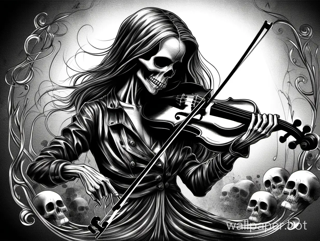 black skull violin, fantastic drawing, logo illustration,