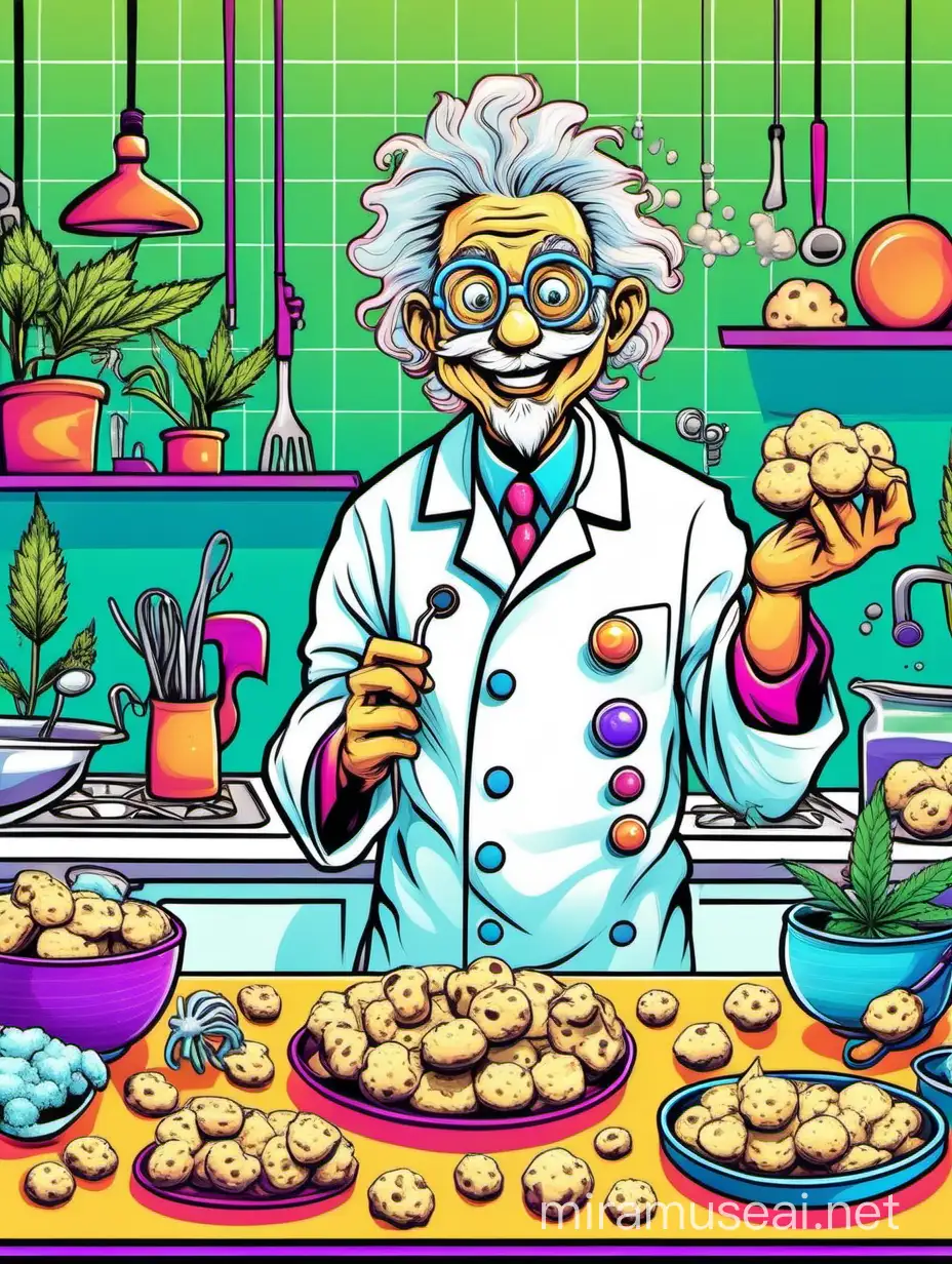 Create a vibrant cartoon-style image featuring a happy mad scientist in a kitchen. Baking ingredients around scene. cookies. rice crispy treats, sunny and bright, mushrooms, cannabis plants, happy