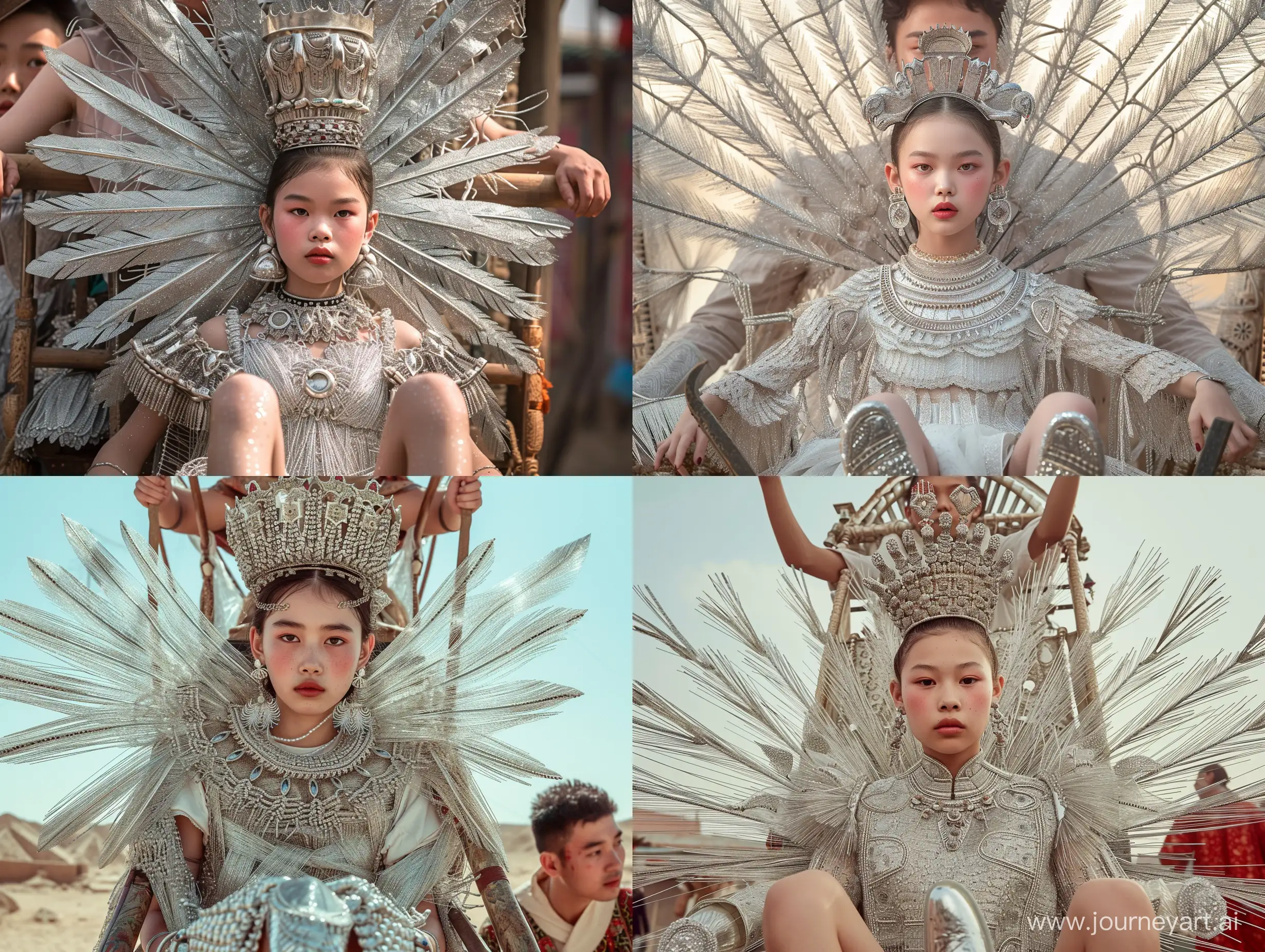 Realistic representation of a young Asian girl, 22 years old, wearing a meticulously detailed silver costume made from small thin silver threads, intricate patterns woven together, silver shoes on her feet, and a metal crown on her head. into rays like feather structures made from silver, her expression was cold, her cheeks were rosy, her earrings and necklace were woven from meticulously detailed silver, she sat on a palanquin like an Egyptian queen, the A strong young man carries her palanquin on his shoulders, the scene displays a classic Egyptian festival atmosphere