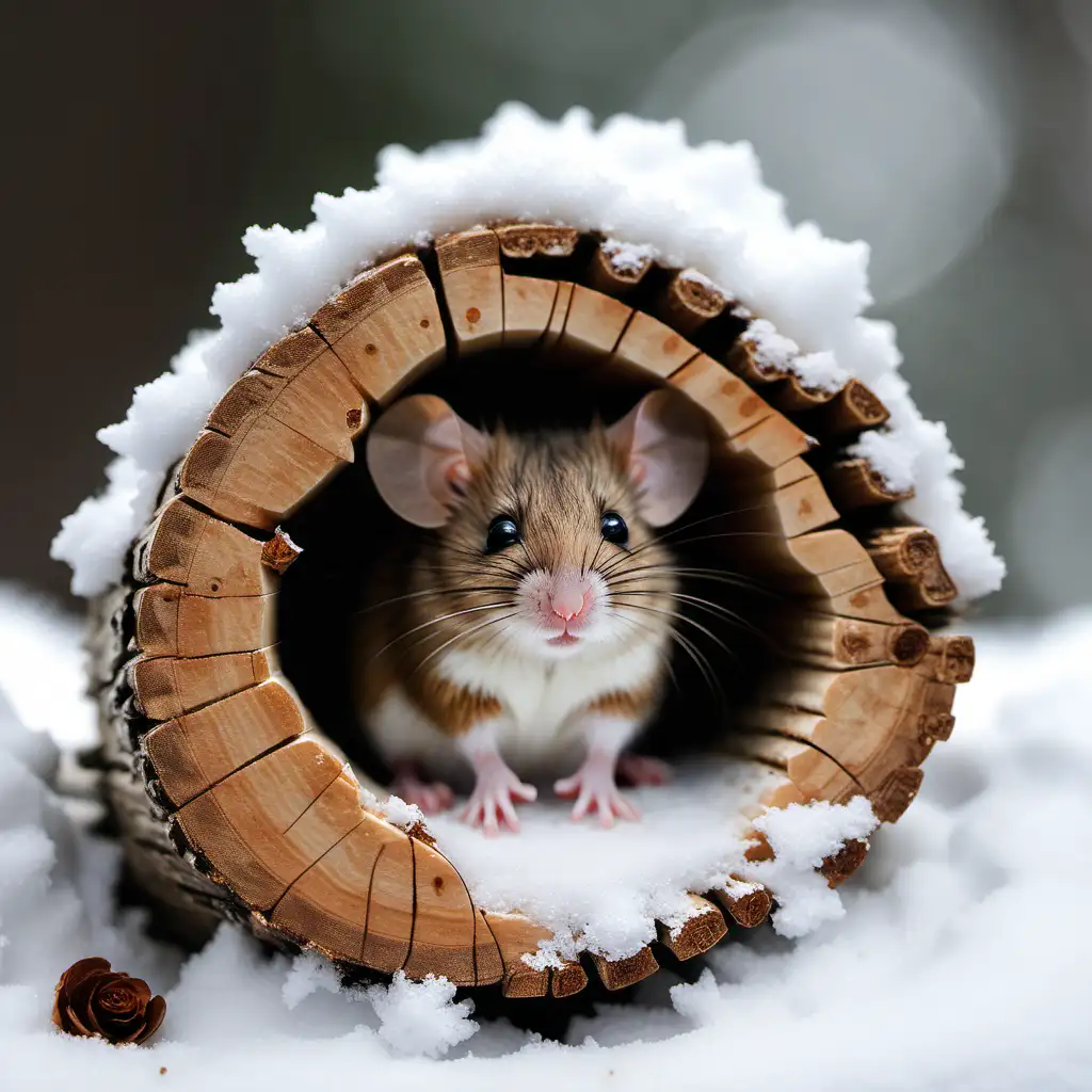 mouse sitting inside hollow log, snow scenery