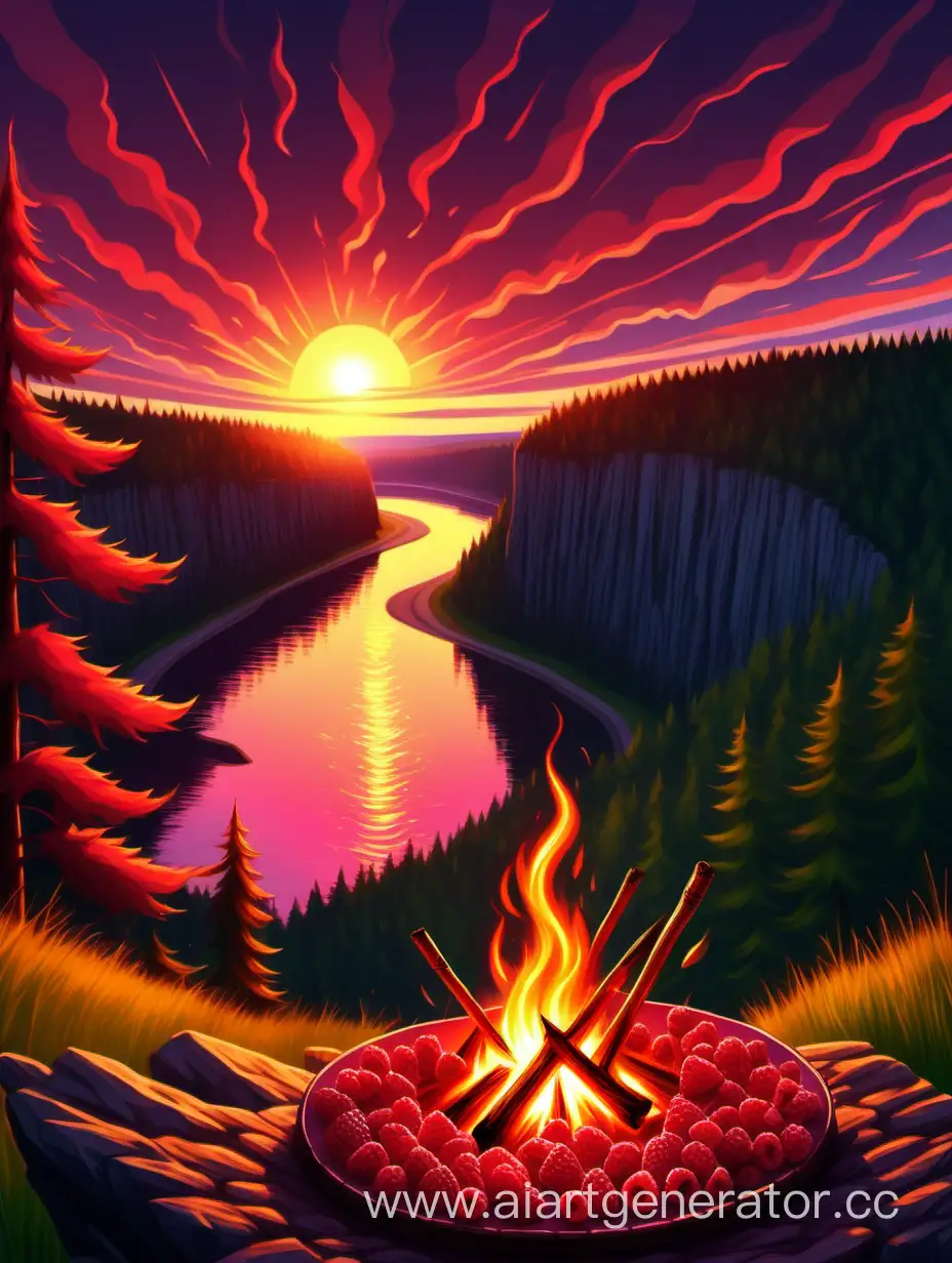 Clifftop-Bonfire-with-Raspberry-Sunset-Over-Forest-and-River