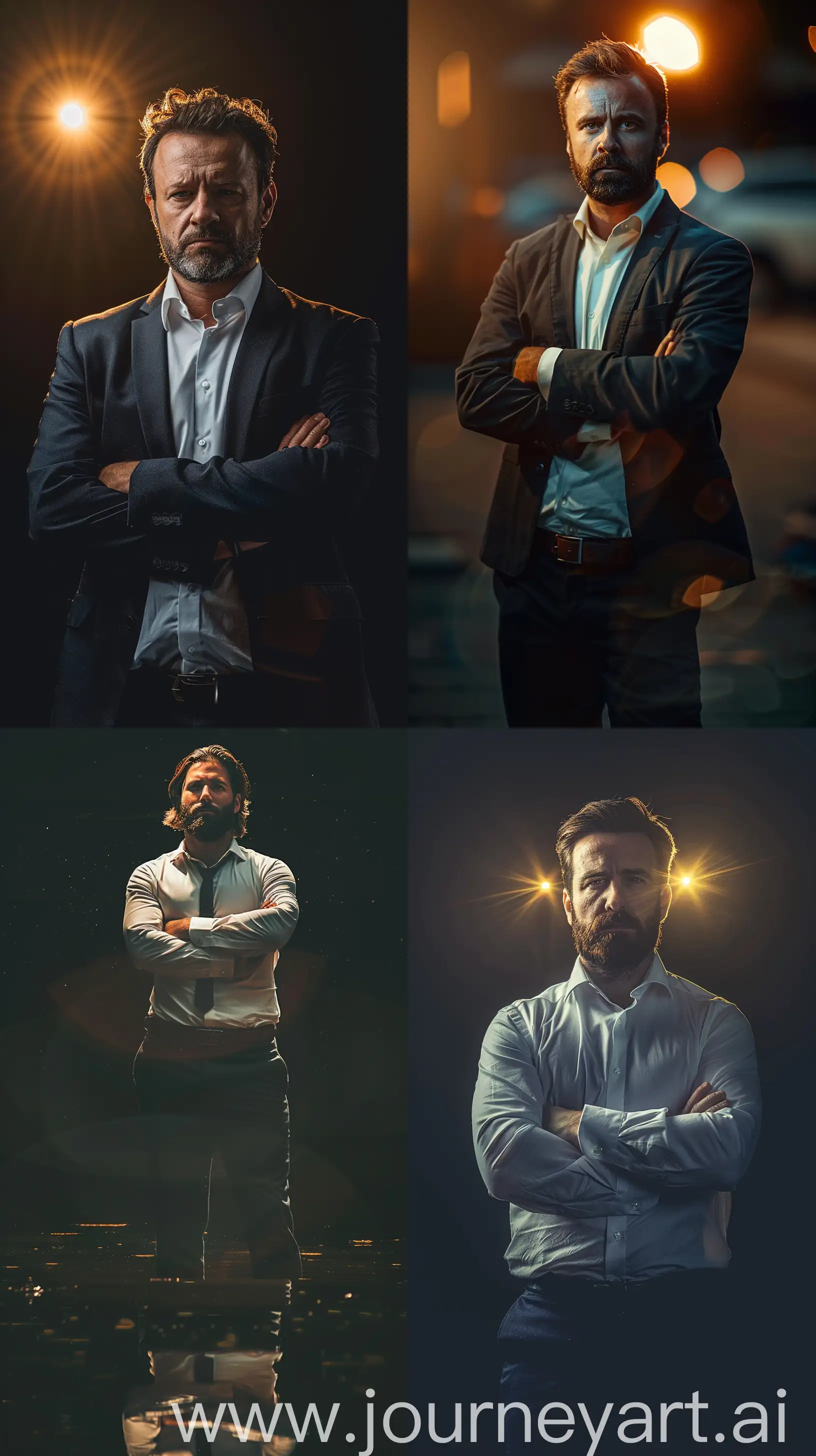 Movie Poster Photography: A American Man Wearing Formal Outfit Folded Arms Standing in the middle of the Photo, Medium Hair and Beard, Looking to the Camera, Realistic light Reflections, Dark Background, Cinematic Pose, Full Shot, High Precision, Midjourney V6 --ar 9:16