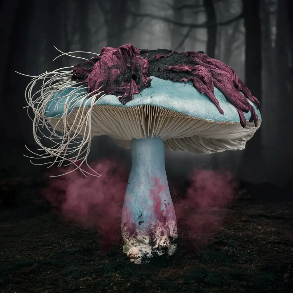 бледно-голубой гриб, шляпка которого покрыта темно-розовыми блеклыми волдырями, а с краев шляпки толстые волоски, которые произвольно двигаются. Из пор выделяется темно-розовый дым
