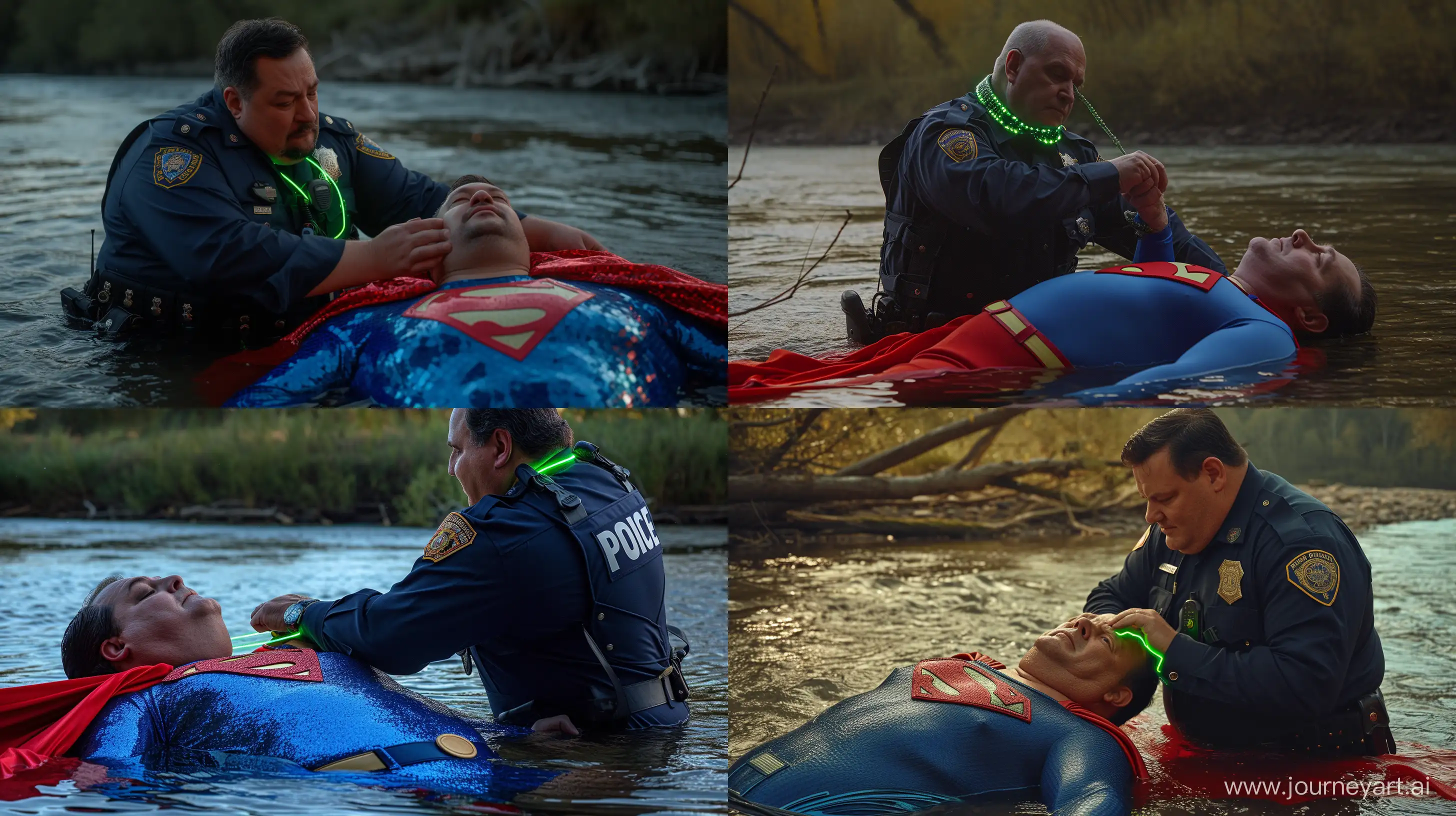 Photo of a 100 kg man aged 60 wearing a navy silk police tactical uniform. Tightening a tight green glowing neon dog collar on the nape of a fat man aged 60 wearing a tight blue 1978 smooth superman costume with a red cape lying in the water. Natural Light. River. --style raw --ar 16:9 