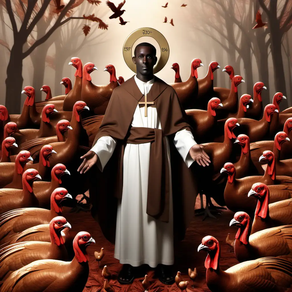 a dark skinned saint surrounded by brown turkeys
