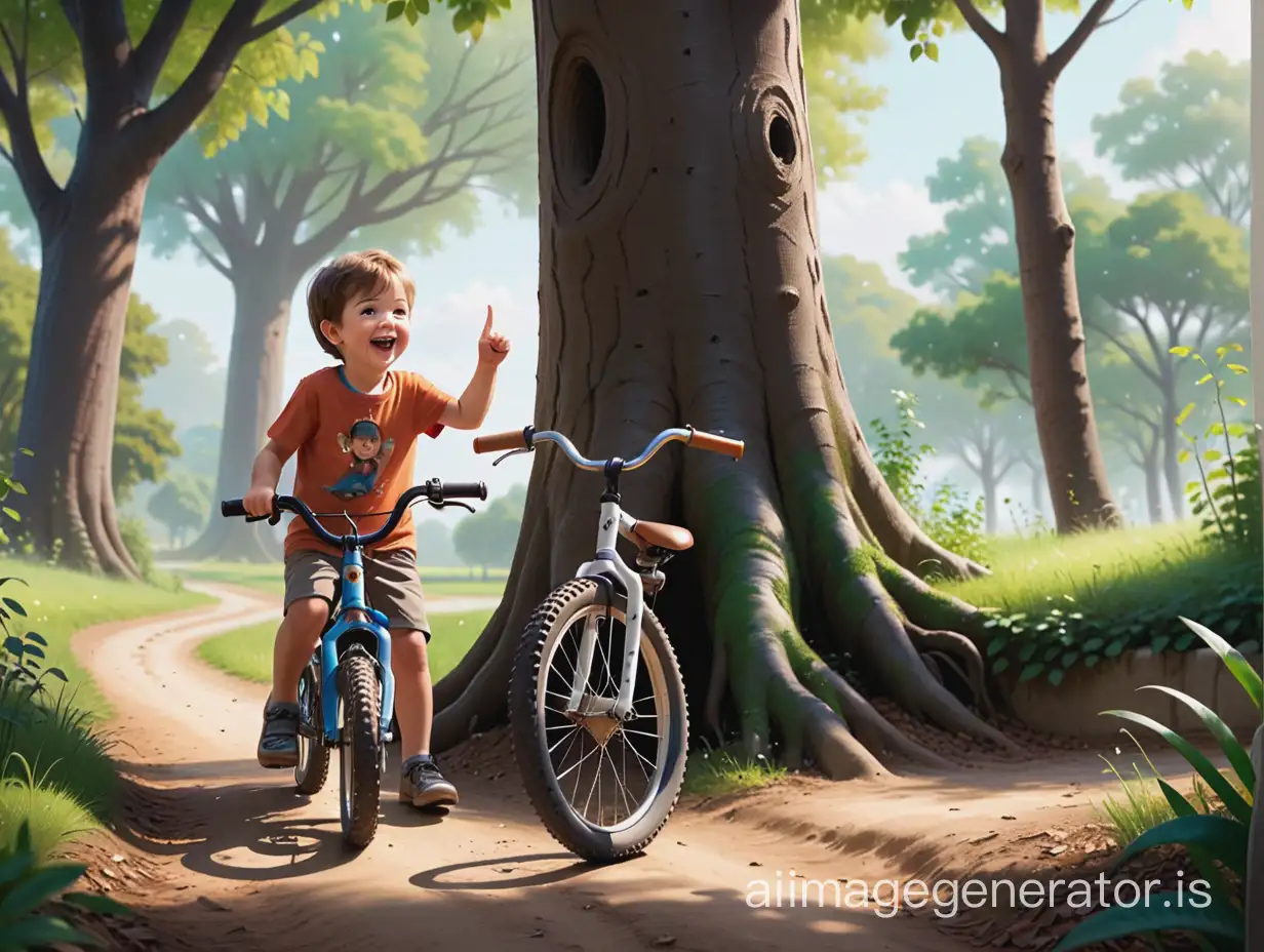  Show Alex with a gleeful expression, pointing towards the mysterious trail, his bike leaning against a tree as he takes his first steps onto the unknown path, filled with curiosity and anticipation.