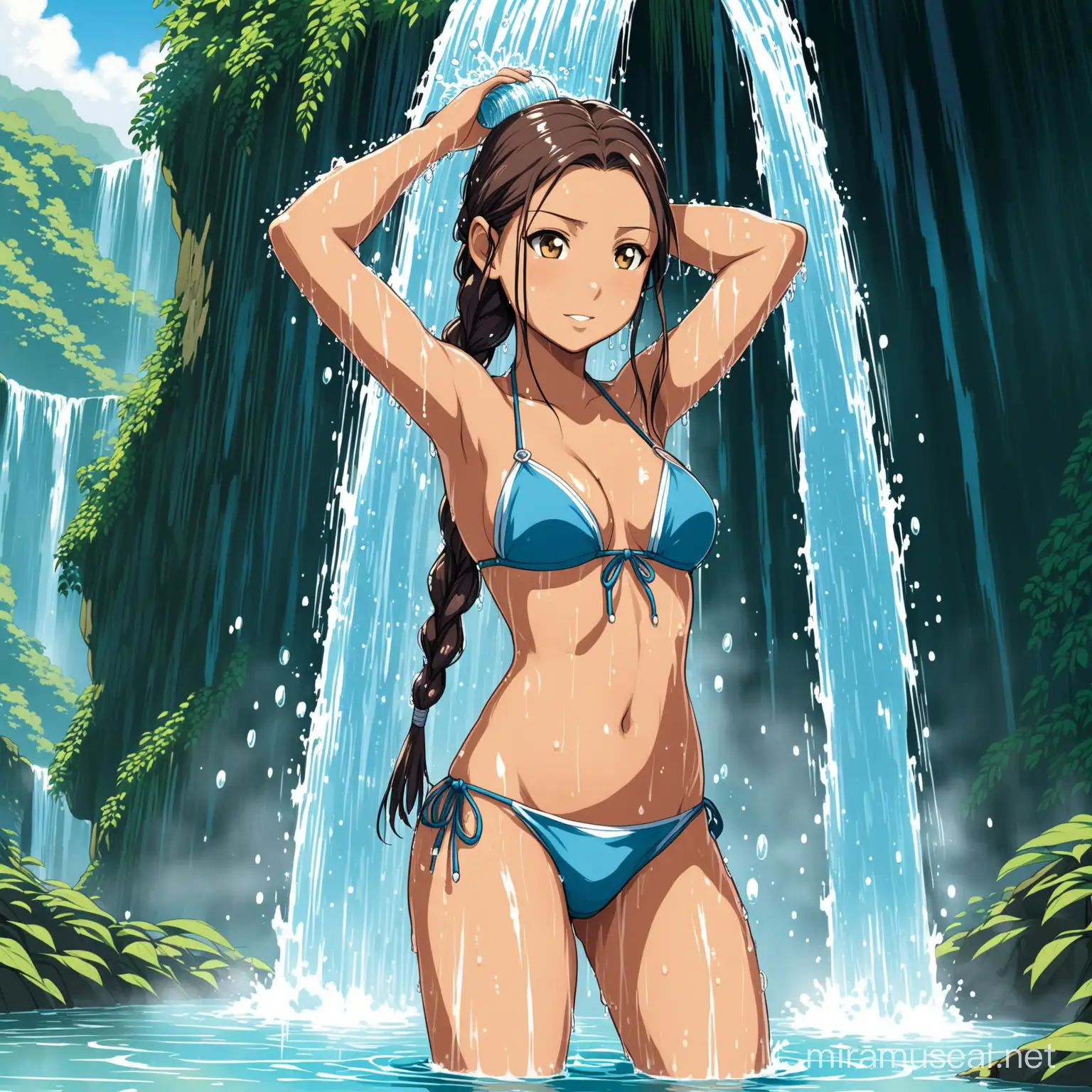 Katara from avatar, taking a shower in a waterfall, sexy, braided hair, bikini