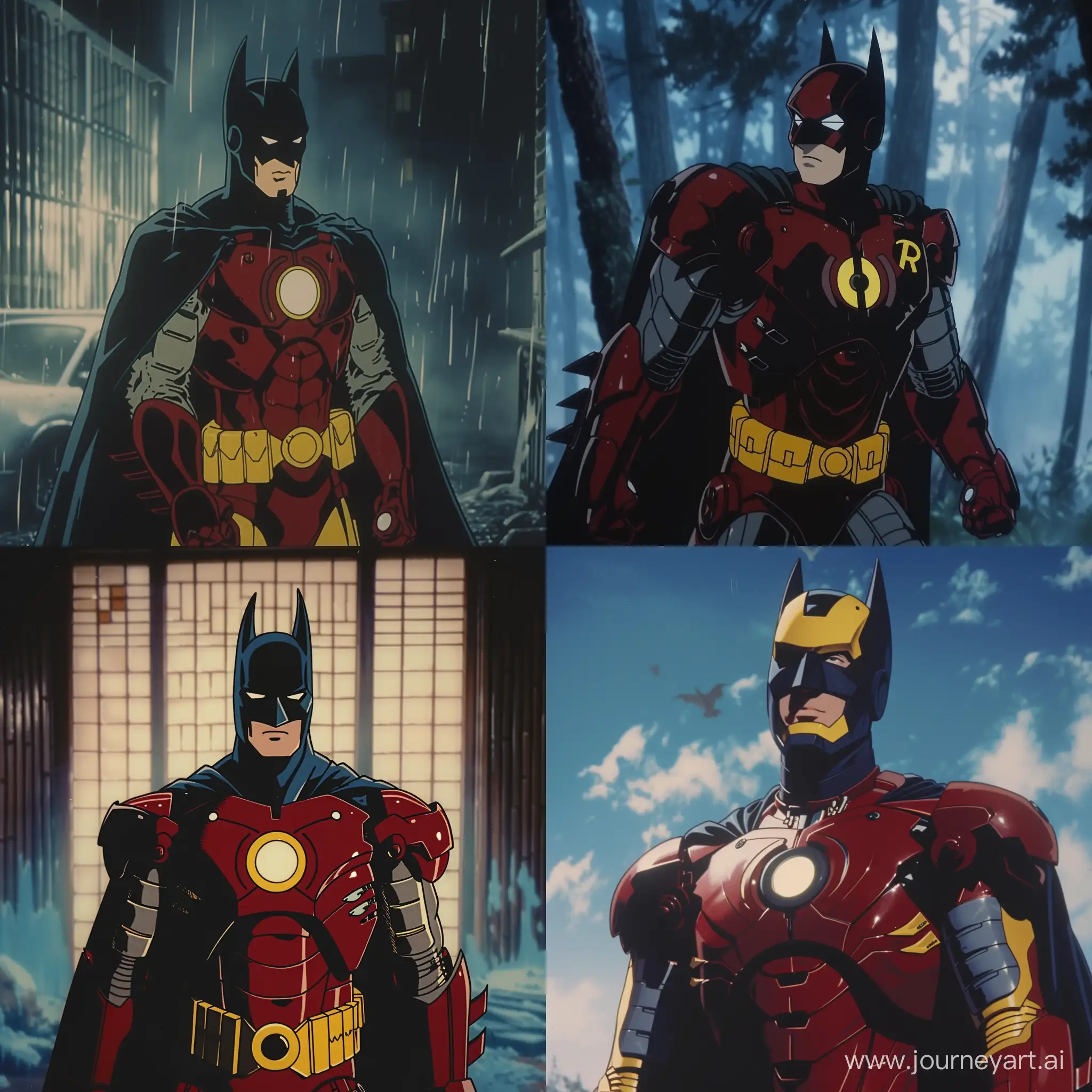 screenshot from 1980s anime film, batman wearing a ironman costume, aesthetic film