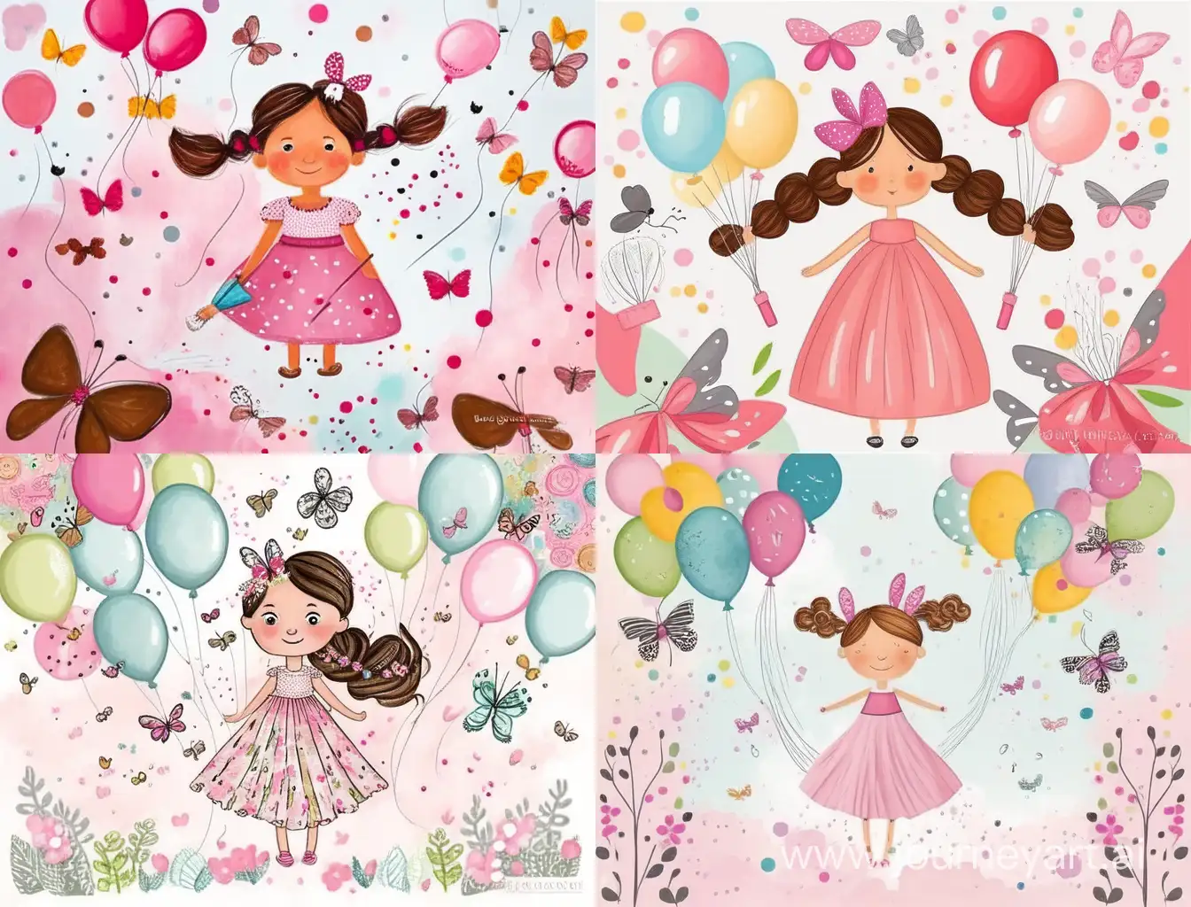 A whimsical nursery poster of cute rosy cheeks girl wearing a pink dress with dark spots and a bow in her hair, surrounded by oversized pencils, balloons that are almost as tall as she is, and Butterflies in different sizes and colors flutter around the scene adding to the magical atmosphere,  background is painted with splashes of color that blend seamlessly, in the style of CONFETISTAR.