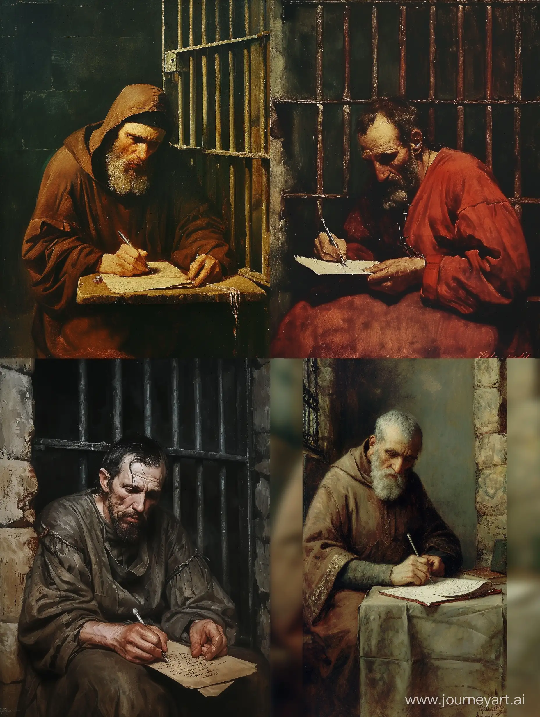 تصویری از کشیش ولنتین در حال نوشتن نامه در زندان با حالتی بسیار غمگین