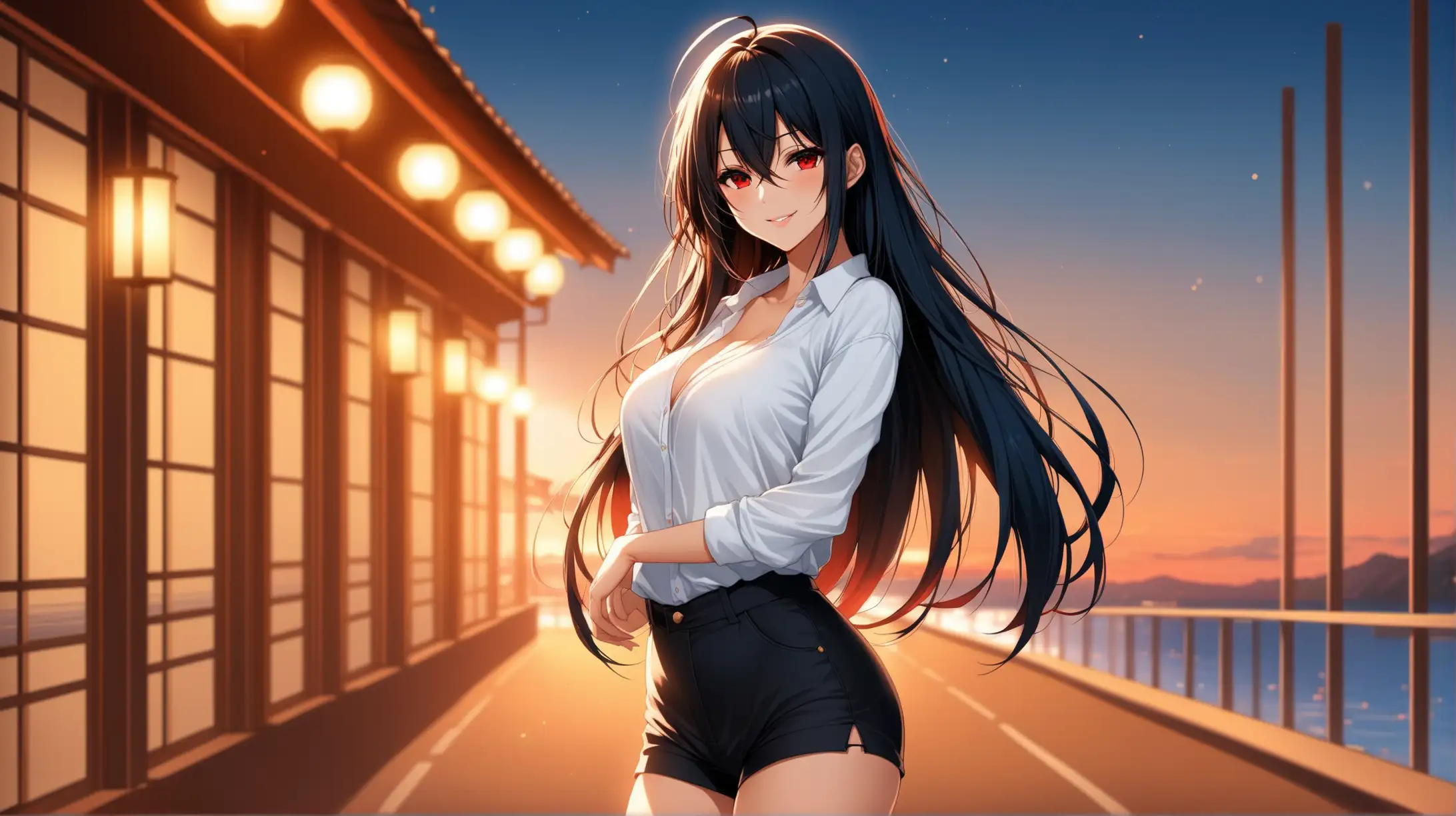 Draw the character Taihou from Azur Lane, red eyes, long hair, high quality, ambient lighting, long shot, outdoors, seductive pose, casual outfit, smiling