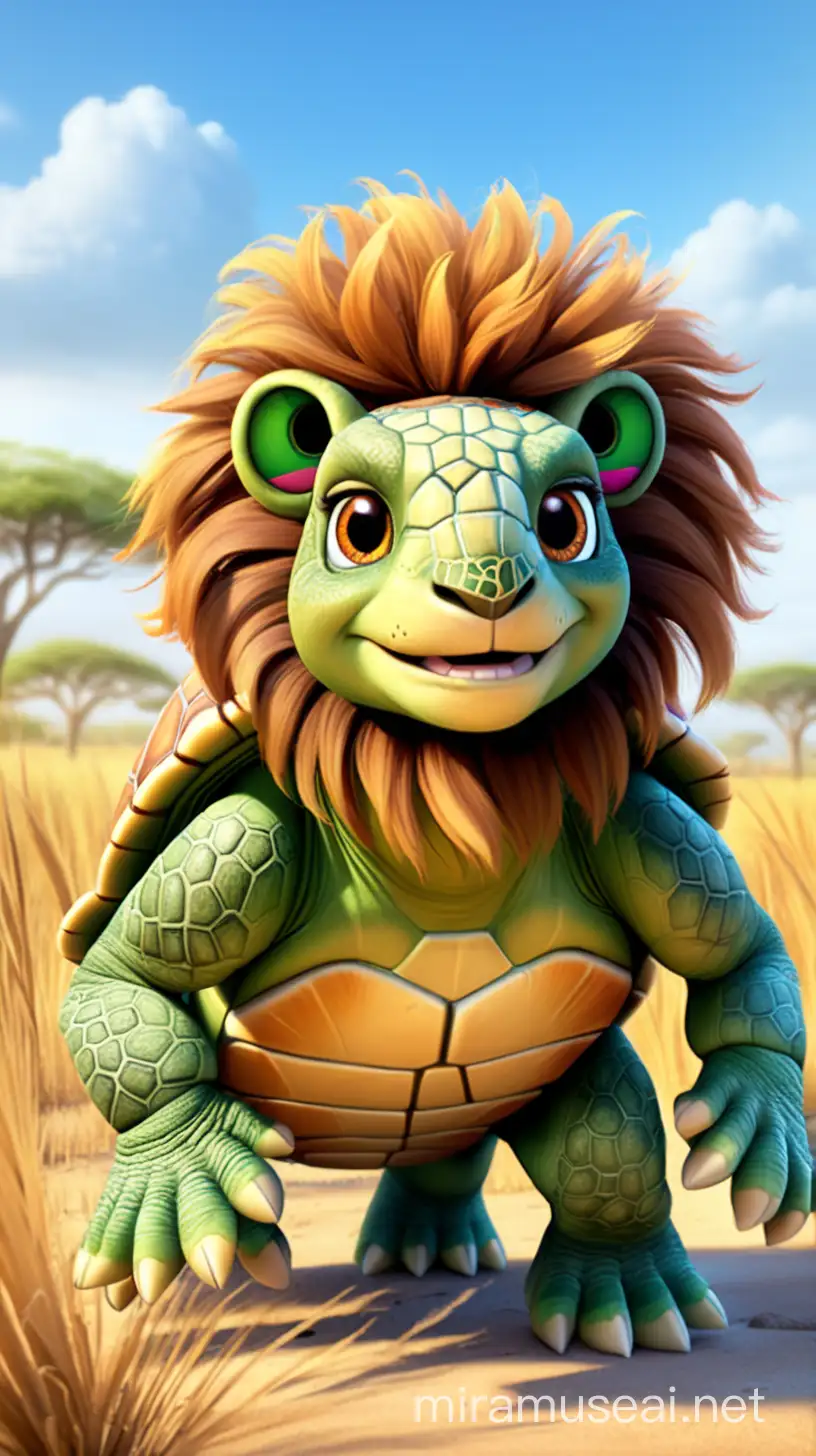 Une tortue déguisée en lion. Dans une savane. Version pixar. 