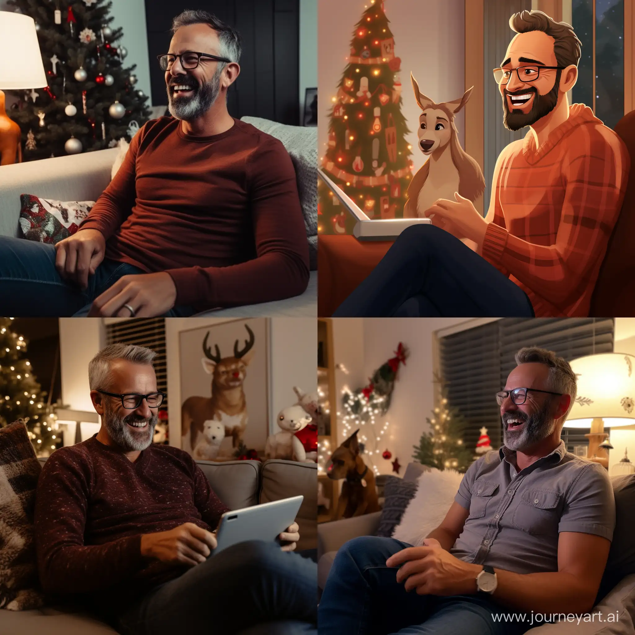 A middle-aged man in jeans and a sweater with reindeer is talking via video link with his wife.  The photo shows a middle-aged man sitting on a sofa in the living room. He is wearing jeans and a sweater with deer on it. The sweater is dark blue with red deer. A man of medium height and build. He has short dark hair and a beard. He smiles and looks relaxed.  He has a phone in his hand, through which he speaks via video link with his wife. The woman on the phone screen is smiling and also looks happy.  There is a mug of fragrant coffee on the table in front of the man. Steam is coming out of the mug because the coffee is hotter. The inscription on the mug is "Light business trip".  The living room is flooded with warm light coming from a floor lamp and a garland on the Christmas tree. There are paintings of winter landscapes on the walls. There is a soft carpet on the floor, on which pillows are scattered.  Outside the window there is a view of the snow-covered city. The red lights of the cars are slightly blurred, creating a feeling of comfort and tranquility. A man enjoys the warmth and comfort of his apartment, despite the cold winter outside the window