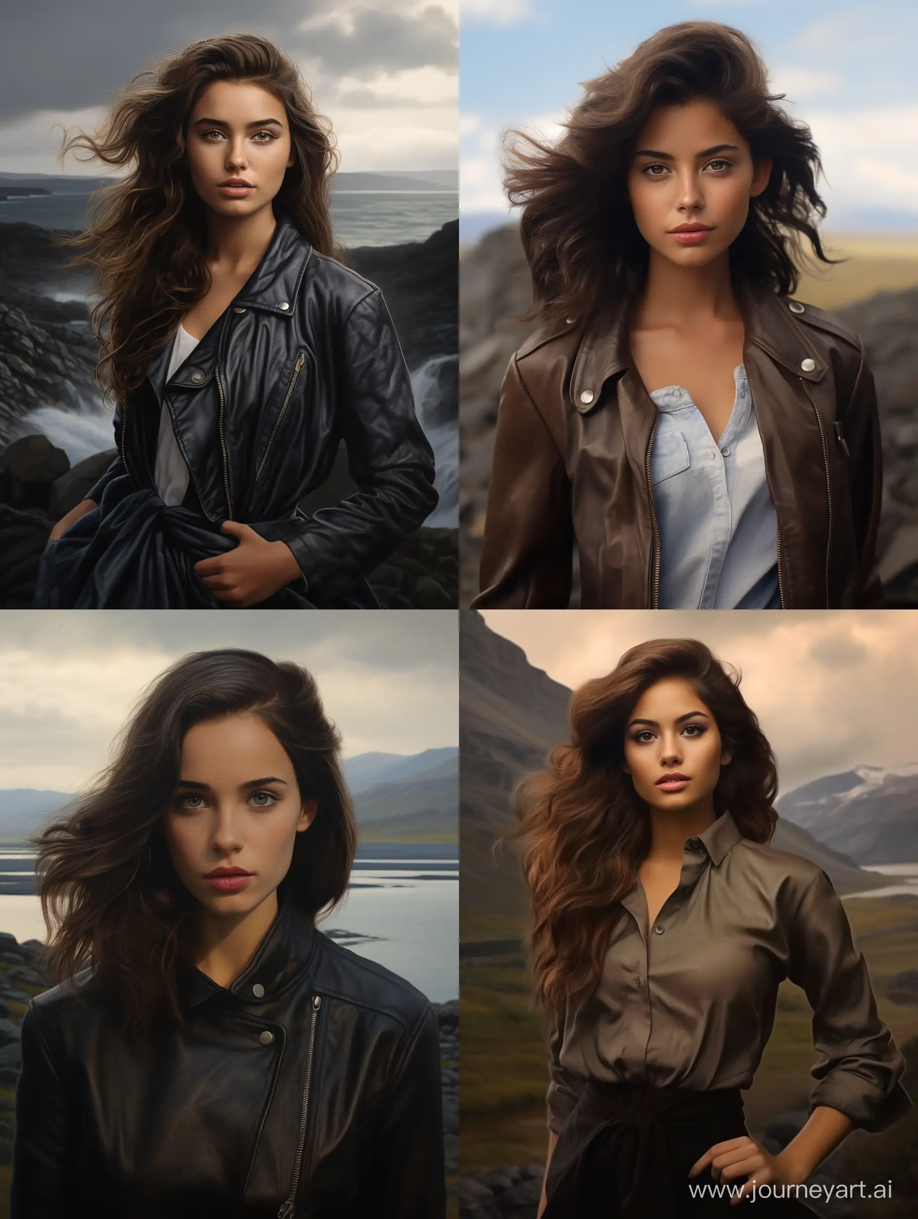 Super realistic brunette girl portrait in stylists clothes on Iceland