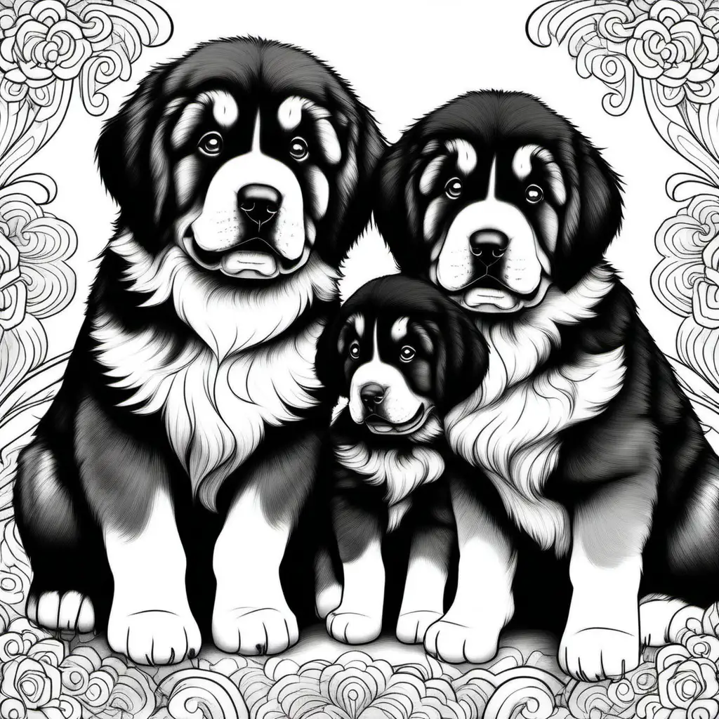 I want black and white images, no shading, coloring book page, tibetan mastiff puppies