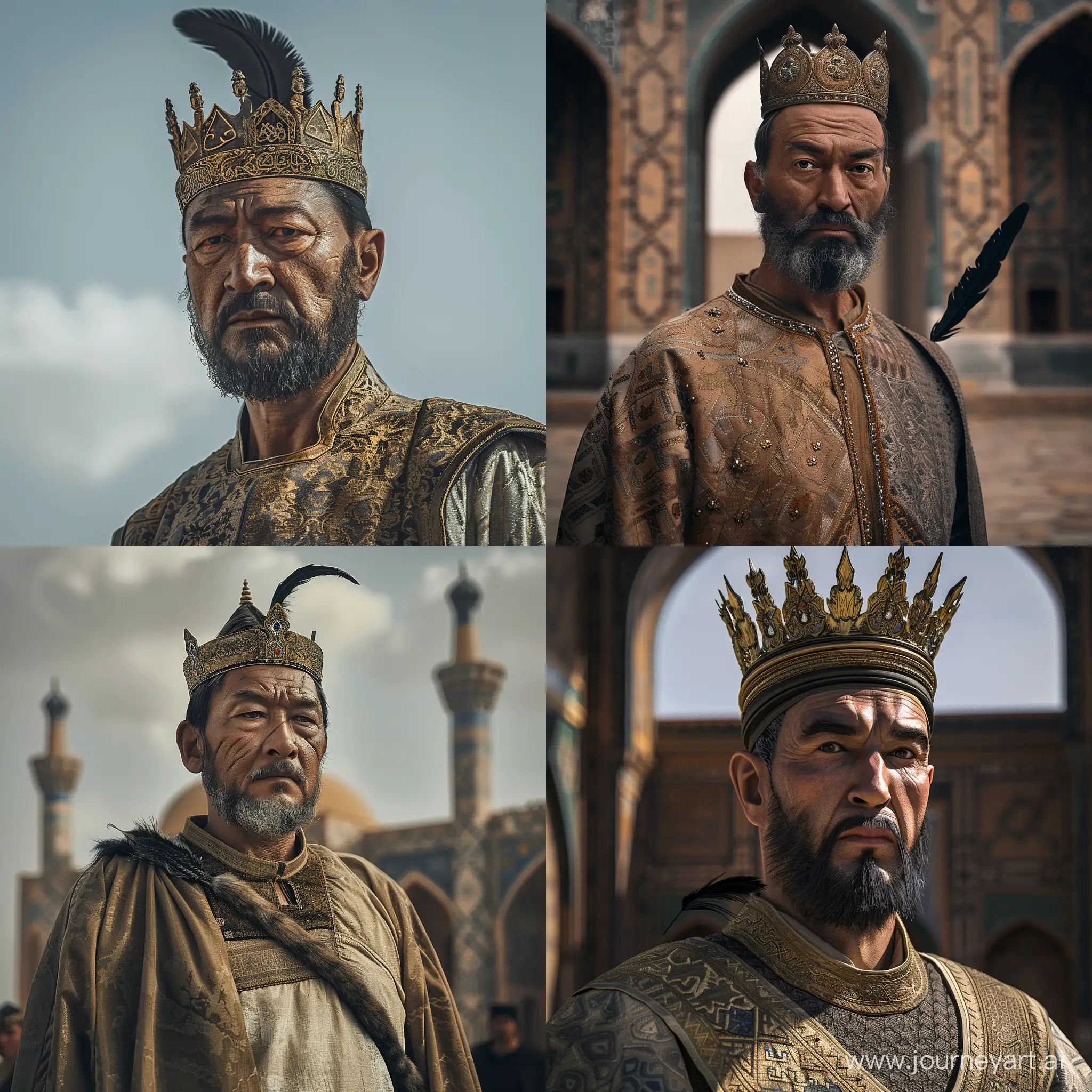 Realistic image of 60 years old Timur standing tall at Samarkand. Founder of Timurid Empire. Turko-Mongol genetics. Prominent face, high cheekbone, shaped short beard and Asian monolid slanted eyes. He is wearing a gold crown with a black feather on it. Luxury tunic and a short cloak on it. cinematic shot.